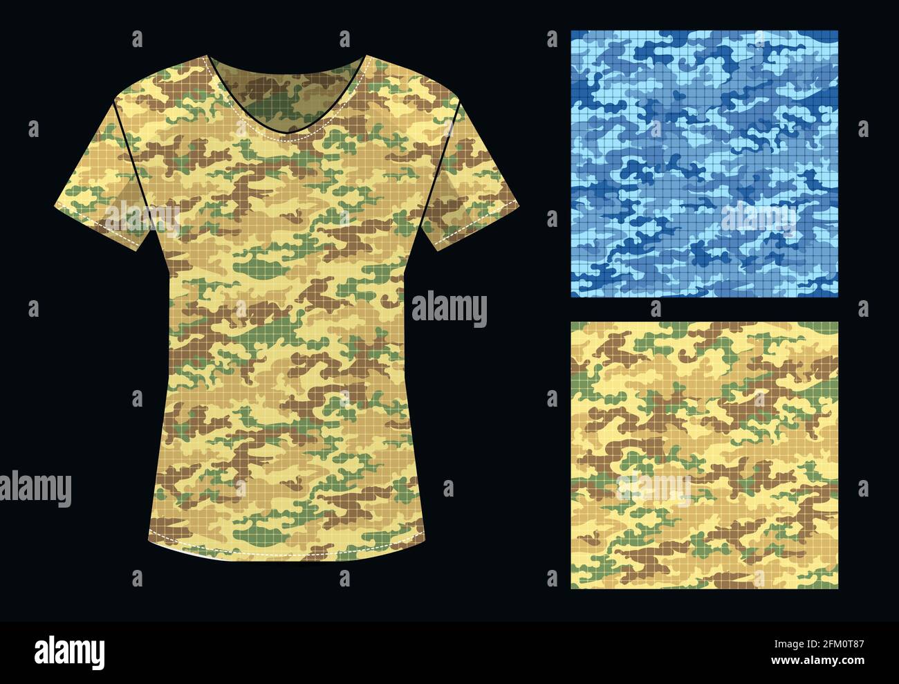 Camouflage seamless pattern in blue and sand colors and shirt template. Vector illustration. Stock Vector