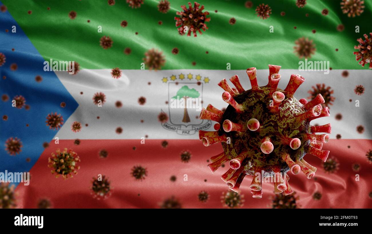 3D, Flu coronavirus floating over Equatoguinean flag, a pathogen that attacks the respiratory tract. Equatorial Guinea banner waving with pandemic of Stock Photo
