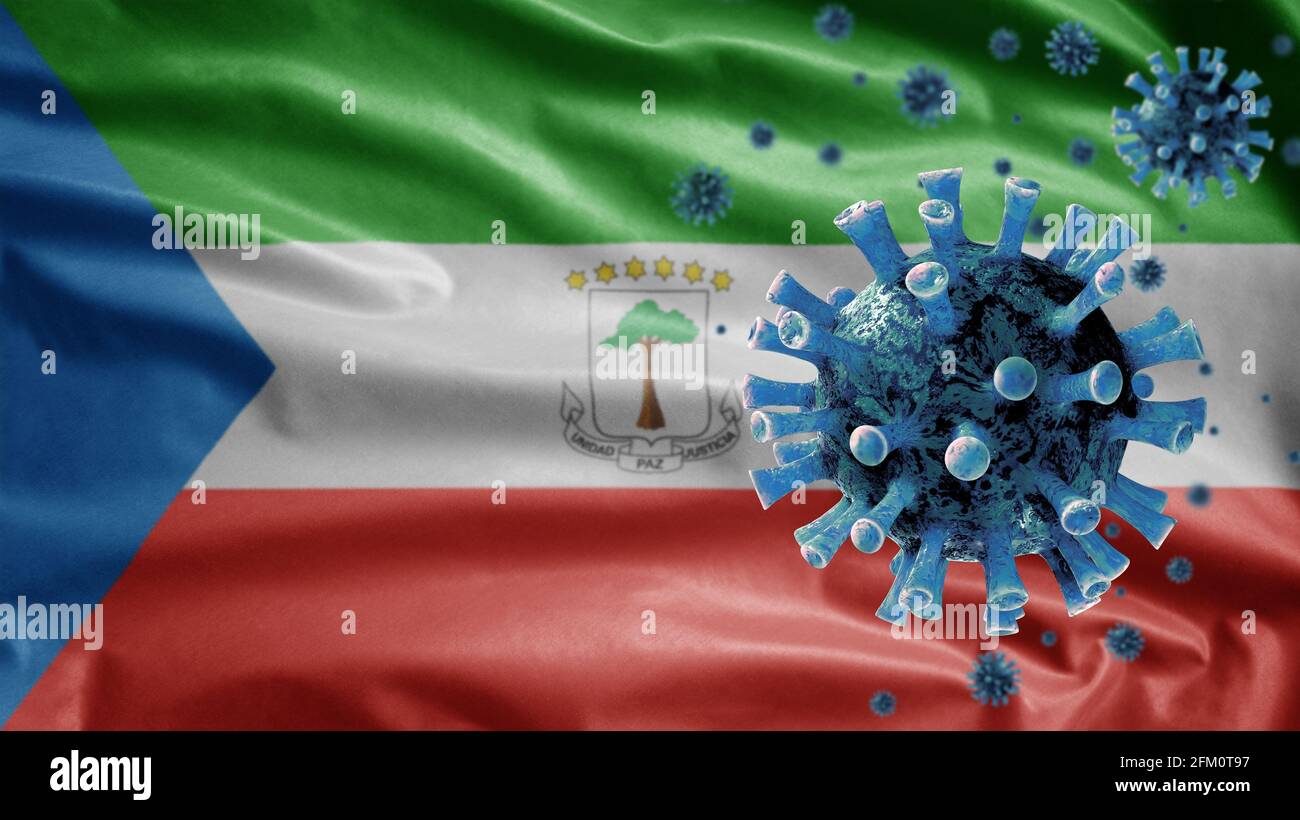 3D, Equatoguinean flag waving with coronavirus outbreak infecting respiratory system as dangerous flu. Influenza type Covid 19 virus with national Equ Stock Photo