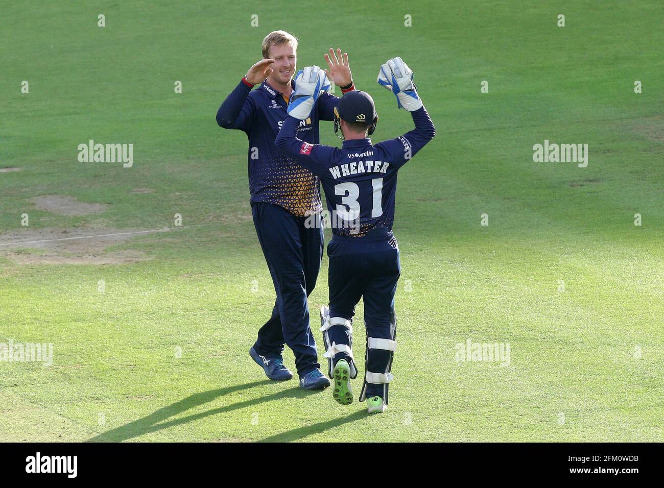 Simon Harmer celebrates taking the wicket of Middlesex batsman John Simpson during Middlesex vs Essex Eagles, Vitality Blast T20 Cricket at Lord's Cri Stock Photo