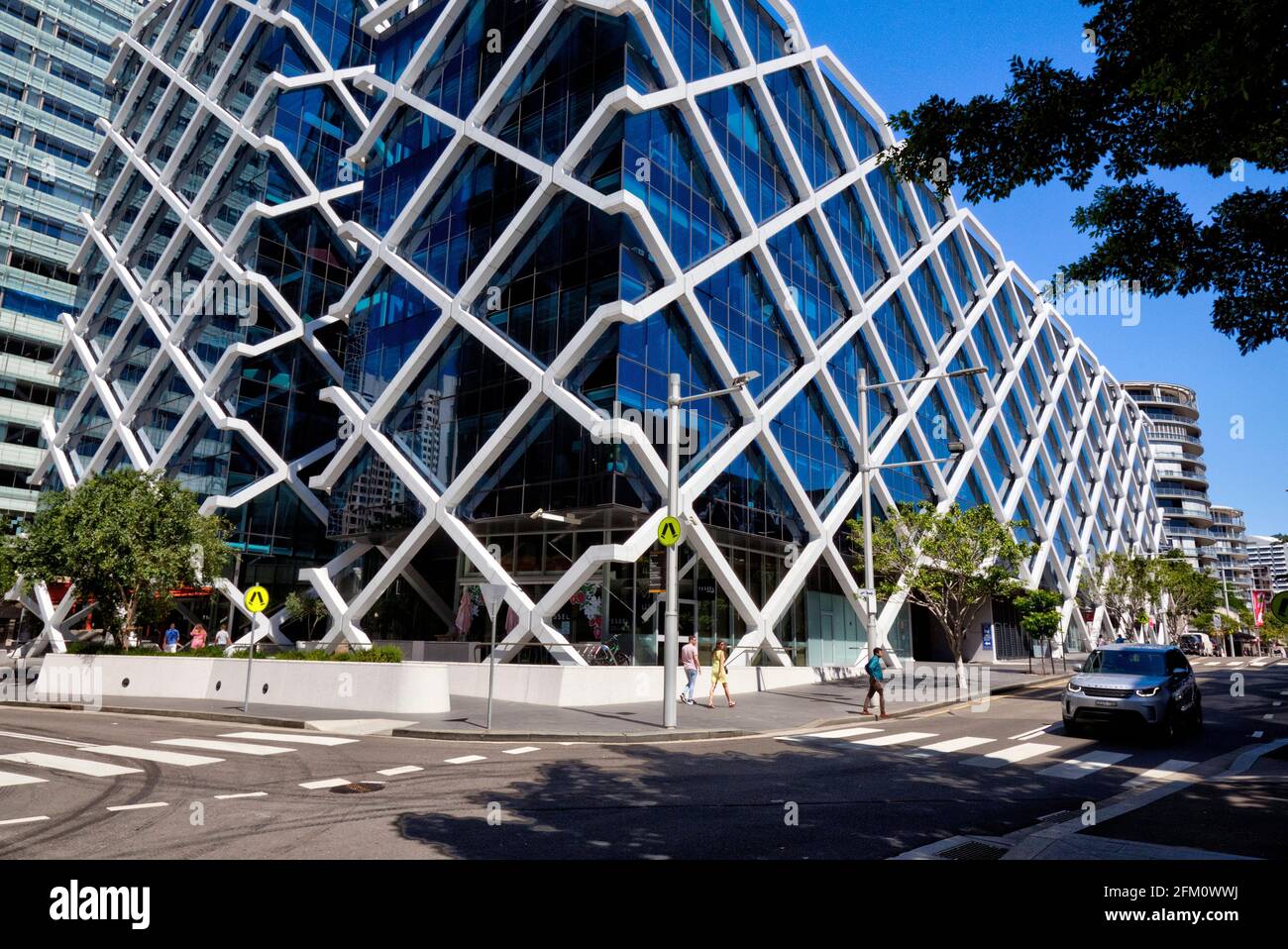 The diagrid constructed One Shelly Street at Kings Wharf which is also group headquarters for Macquarie Bank Sydney Australia Stock Photo