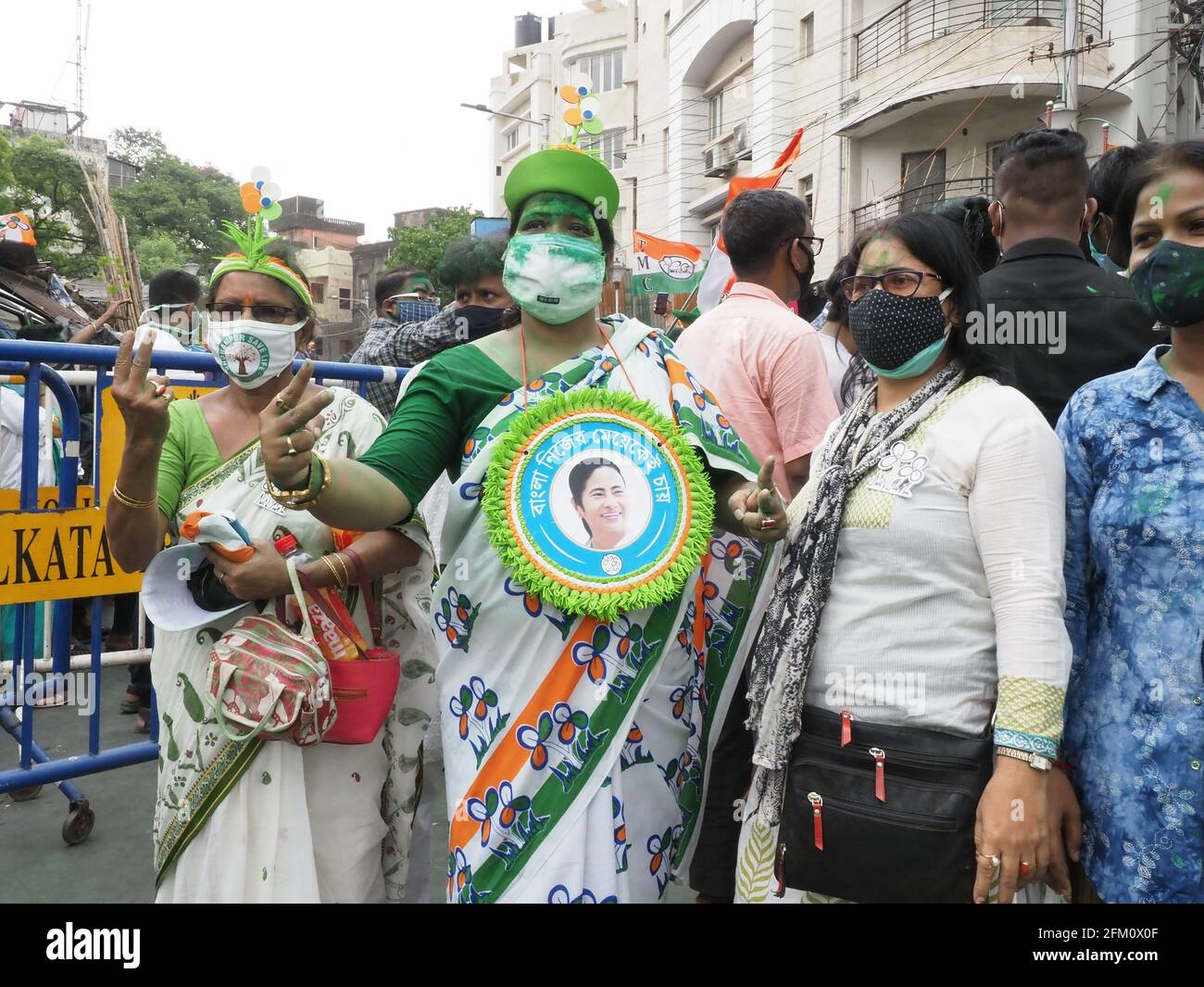 KOLKATA, INDIA - May 02, 2021: Trinamool Congress party member and activist gathered after Mamata Banerjee win in 2021  West Bengal election Stock Photo