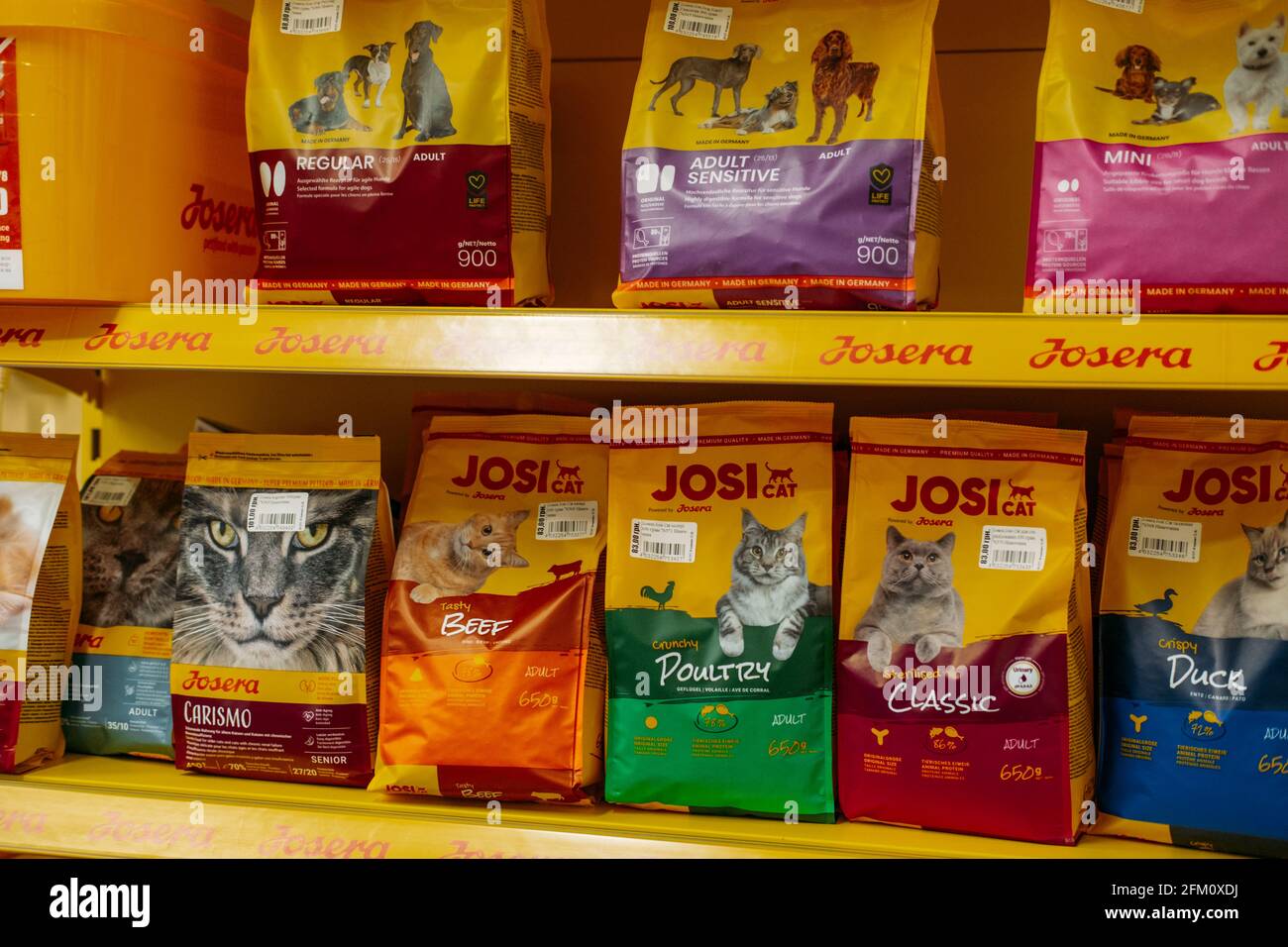 Pet shop. Dog and cat Food Products On Animals Supermarket Shelf