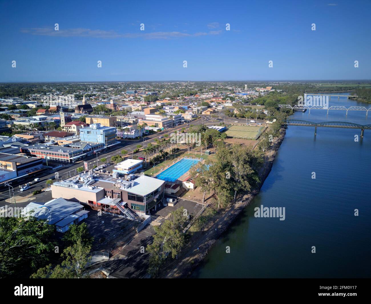 Aerial of RSL Club building on the banks of the Burnett River Bundaberg Queensland Australia Stock Photo