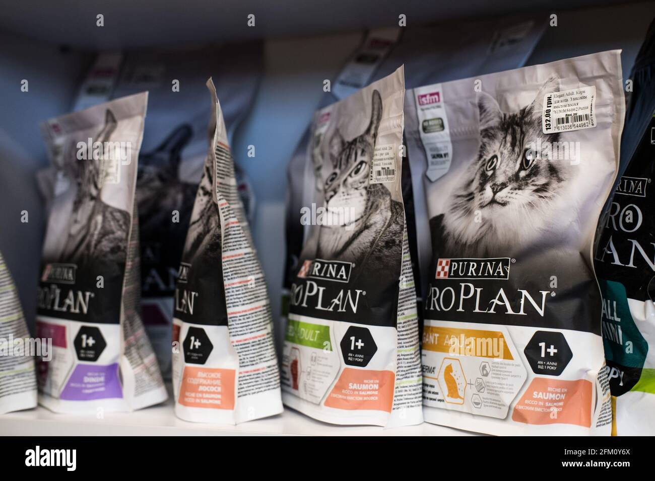 Pet shop. Dog and cat Food Products On Animals Supermarket Shelf