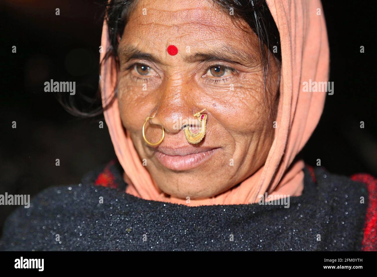Close up of Rana Caste ( Rena, Rona, Kumar, Kumbhakar )Woman who is a wearing a nose ring. This picture was taken Araku Village, Andhra Pradesh, India Stock Photo