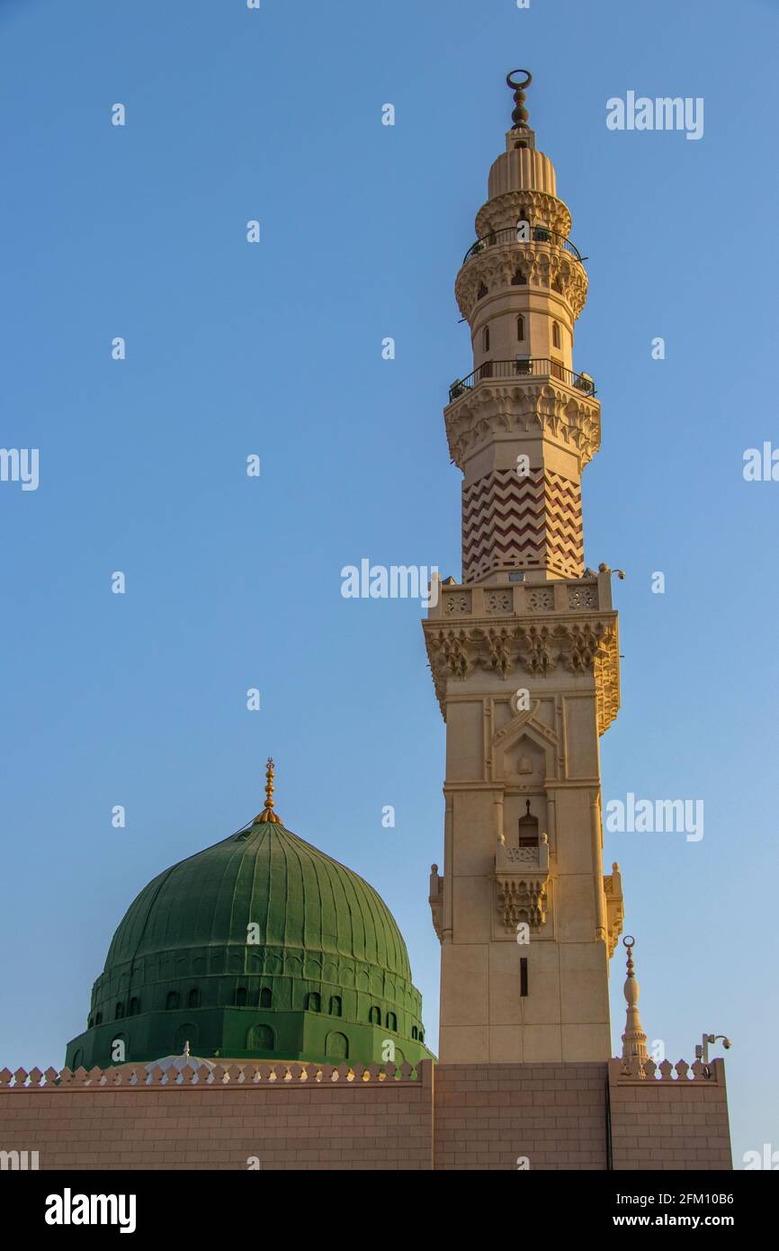 The famous Green Dome and beautiful minaret of Prophet Mosque Masjid