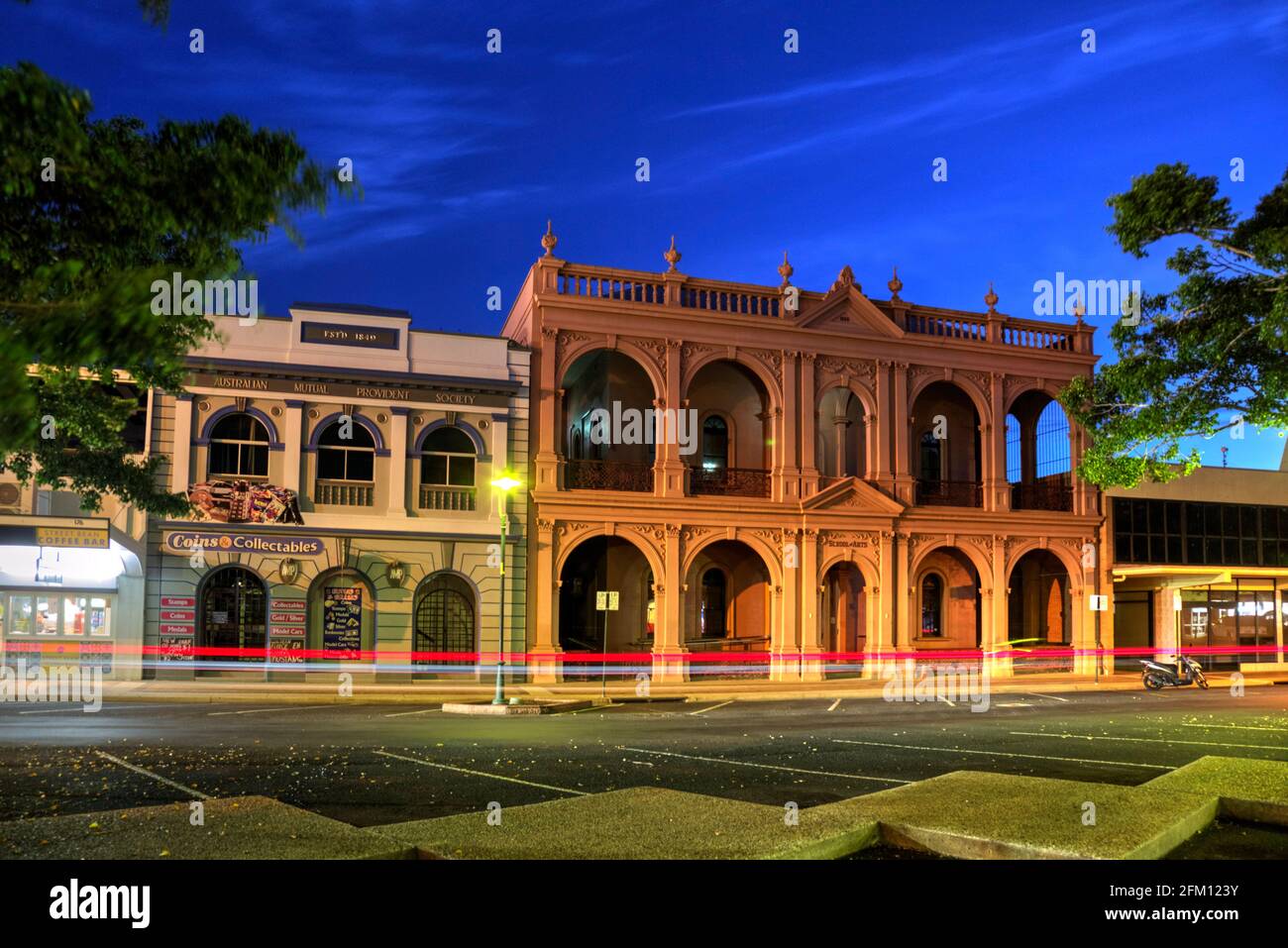 The former School of Arts (1888) is a substantial 2 storey rendered brick building in classical revival style Bourbong Street Bundaberg Queensland Aus Stock Photo