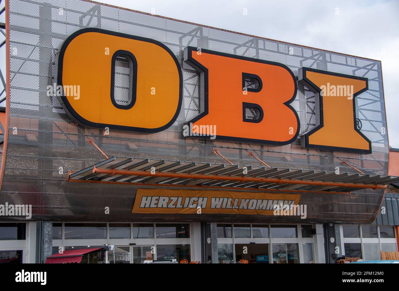 Bamberg, Germany - 6.4.2021. Entrance to a hardware store of the Obi chain Stock Photo