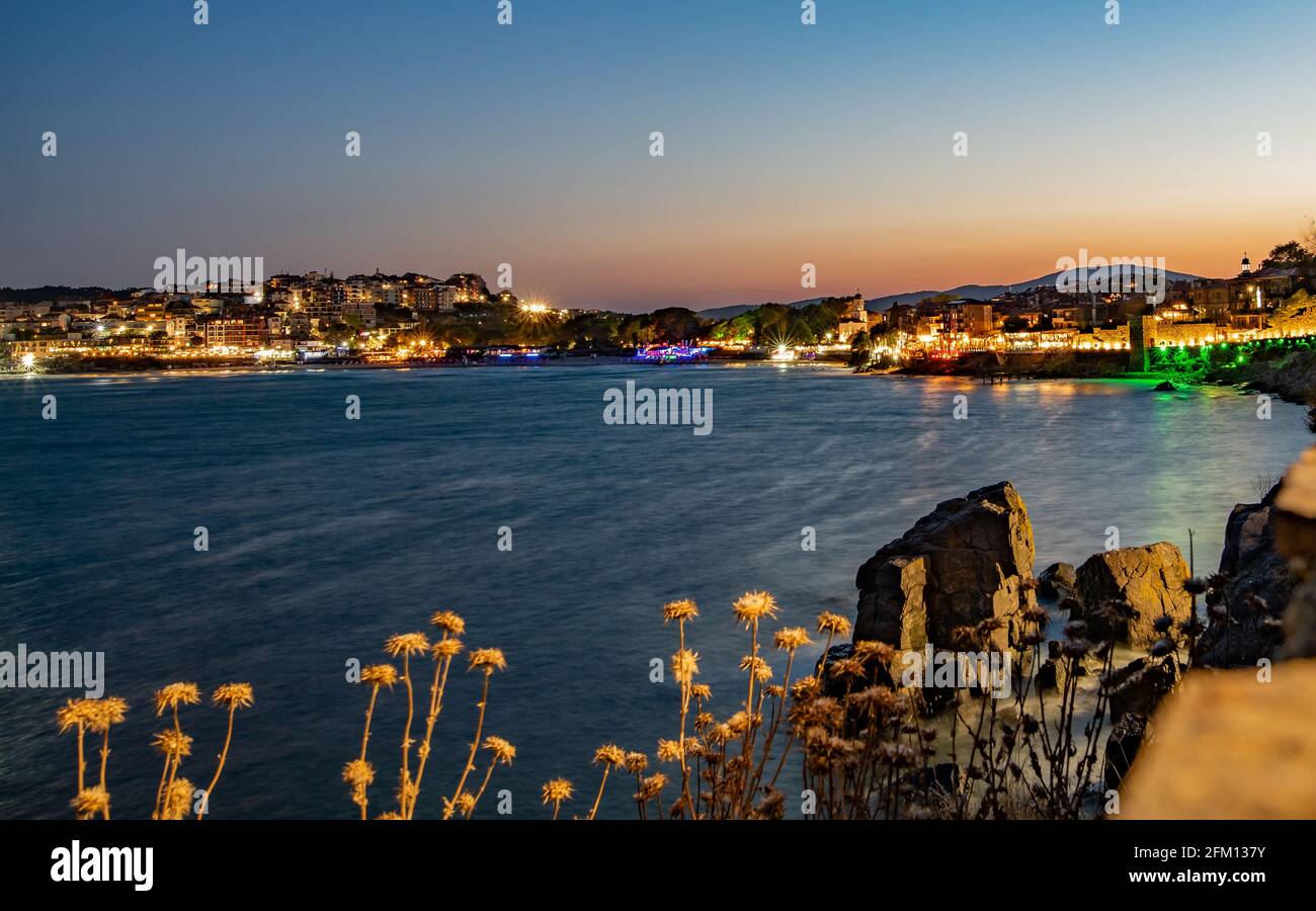 Black Sea cost at night it Sozopol, sea side resort town in Bulgaria Stock Photo