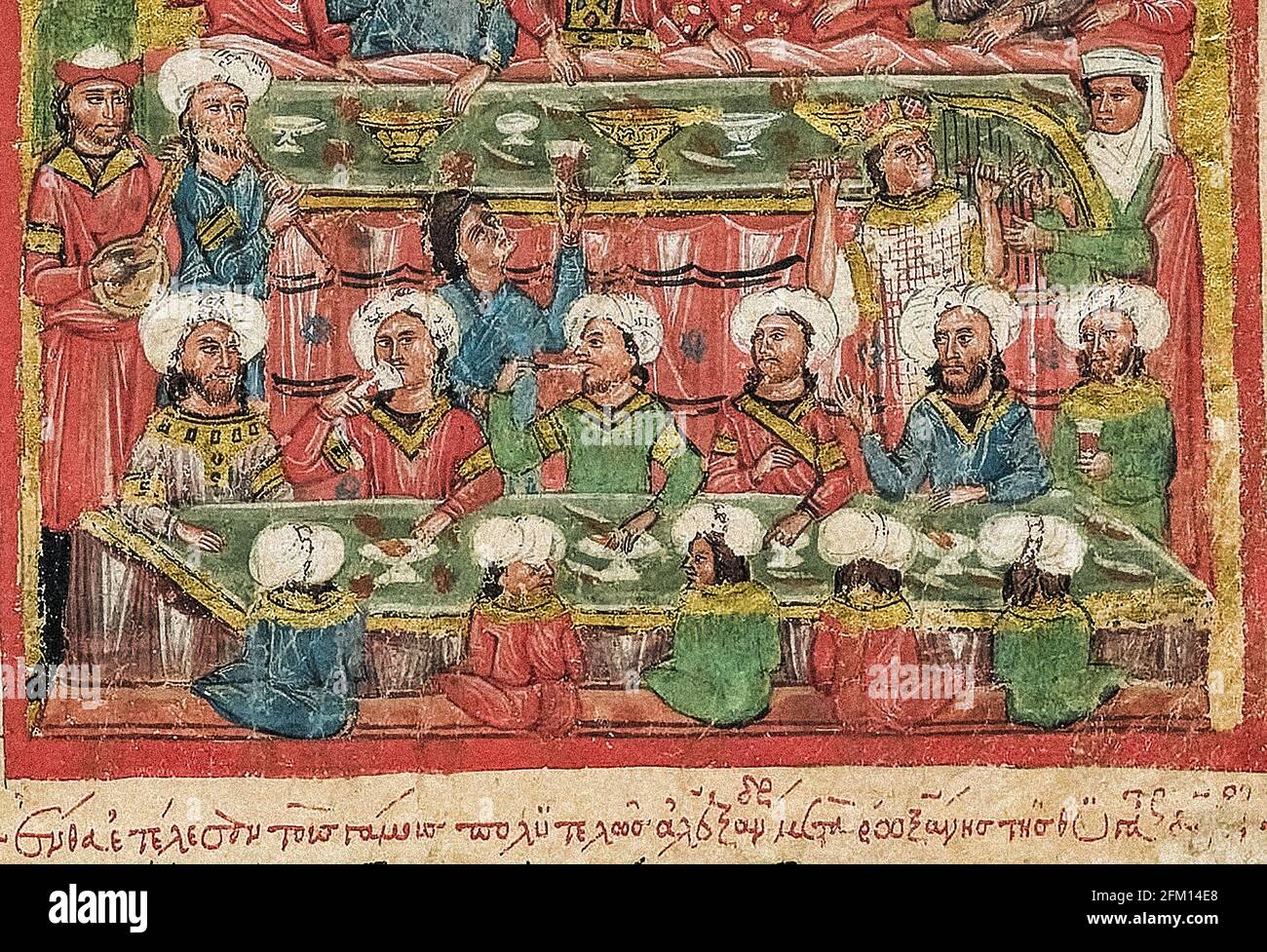 A cropped fourteenth-century miniature Greek manuscript depicting scenes from the life of Alexander the Great, this scene shows Byzantine Greek musicians and various musical instruments. The scene depicted entirely in Byzantine fashion of the period. Late Byzantine period (1204-1453). “Alexander Romance” in S. Giorgio dei Greci in Venice. Stock Photo