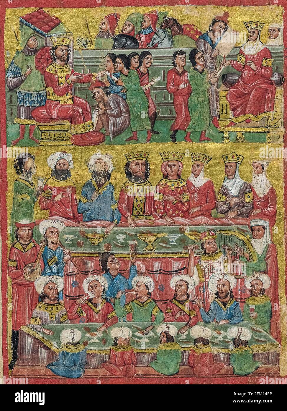 A cropped fourteenth-century miniature Greek manuscript depicting scenes from the life of Alexander the Great, this scene shows Byzantine Greek musicians and various musical instruments. The scene depicted entirely in Byzantine fashion of the period. Late Byzantine period (1204-1453). “Alexander Romance” in S. Giorgio dei Greci in Venice. Stock Photo