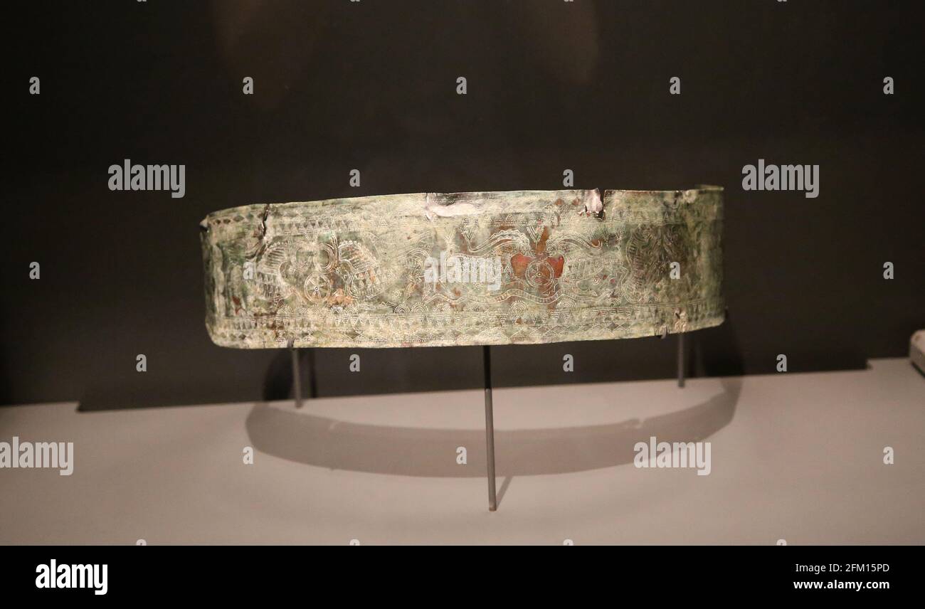 Copper alloy belt with incised animal and geometrical desings. Iron Age. 1000BC-500 BC. Ardabil, Iran. British Museum. London. Stock Photo