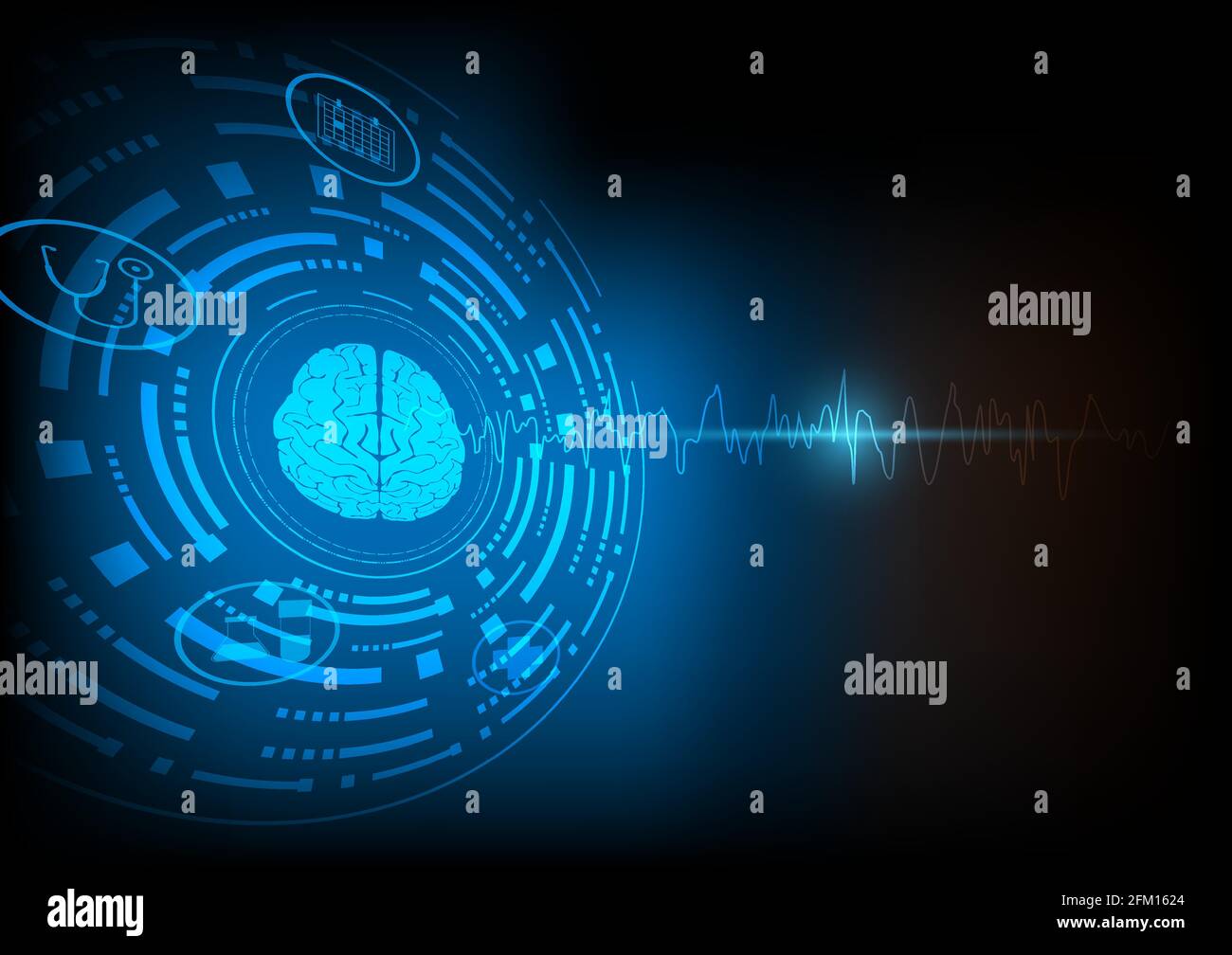 Focal seizure. Illustration of human brain and electroencephalograhy or EEG originating from one regional onset. Technology background. Stock Vector