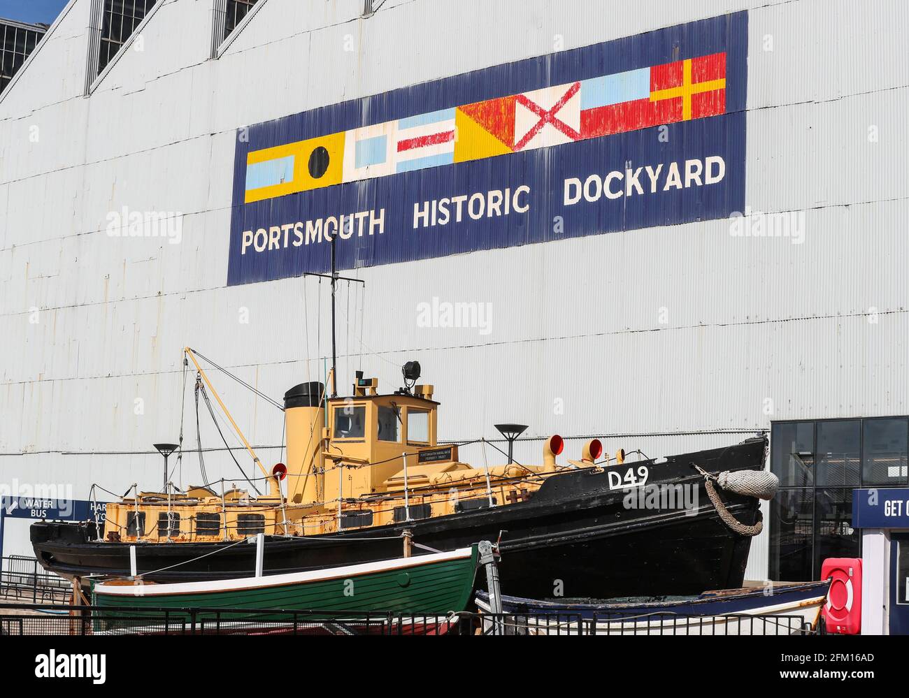 Portsmouth Historic Dockyard sign at Portsmouth Historic dockyard, Portsmouth, Hampshire, UK Stock Photo