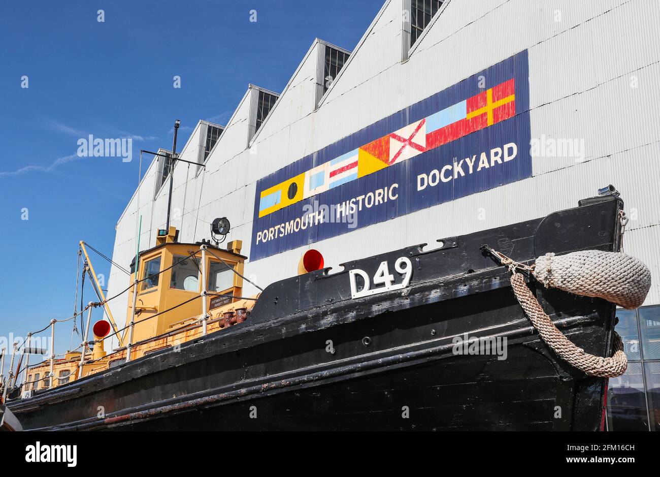 Portsmouth Historic Dockyard sign at Portsmouth Historic dockyard, Portsmouth, Hampshire, UK Stock Photo