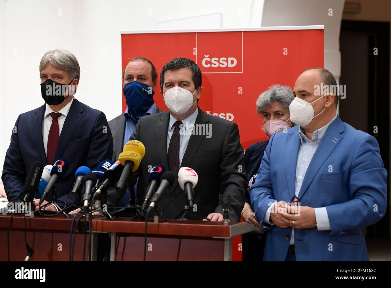 Prague, Czech Republic. 05th May, 2021. Czech Deputy PM Jan Hamacek (centre) is filing a criminal complaint against Janek Kroupa and Kristina Cirokova, the authors of SeznamZpravy server's article about his planned but unrealised trip to Moscow, he said in Prague, Czech Republic, May 5, 2021, adding that in civil proceedings he will claim compensation of 10 million crowns. Credit: Ondrej Deml/CTK Photo/Alamy Live News Stock Photo