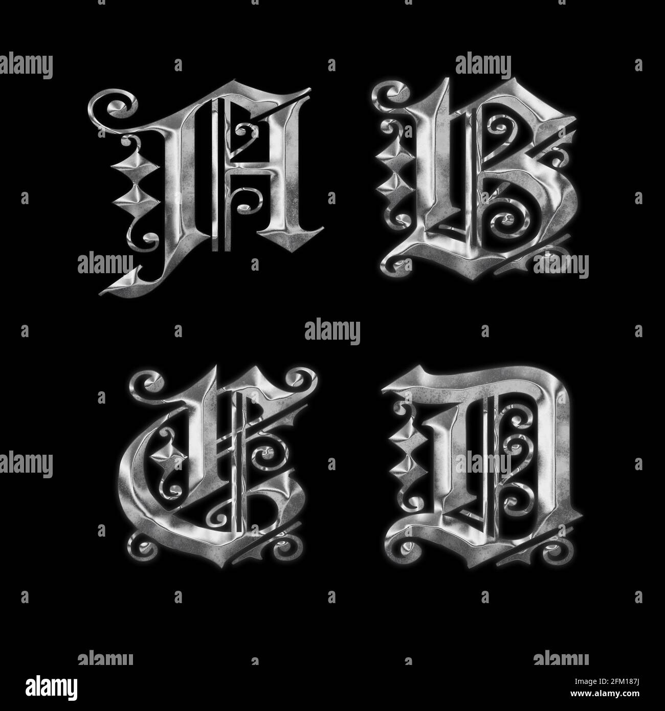 3D rendering of old Gothic metal capital letter alphabet - letters A-D Stock Photo