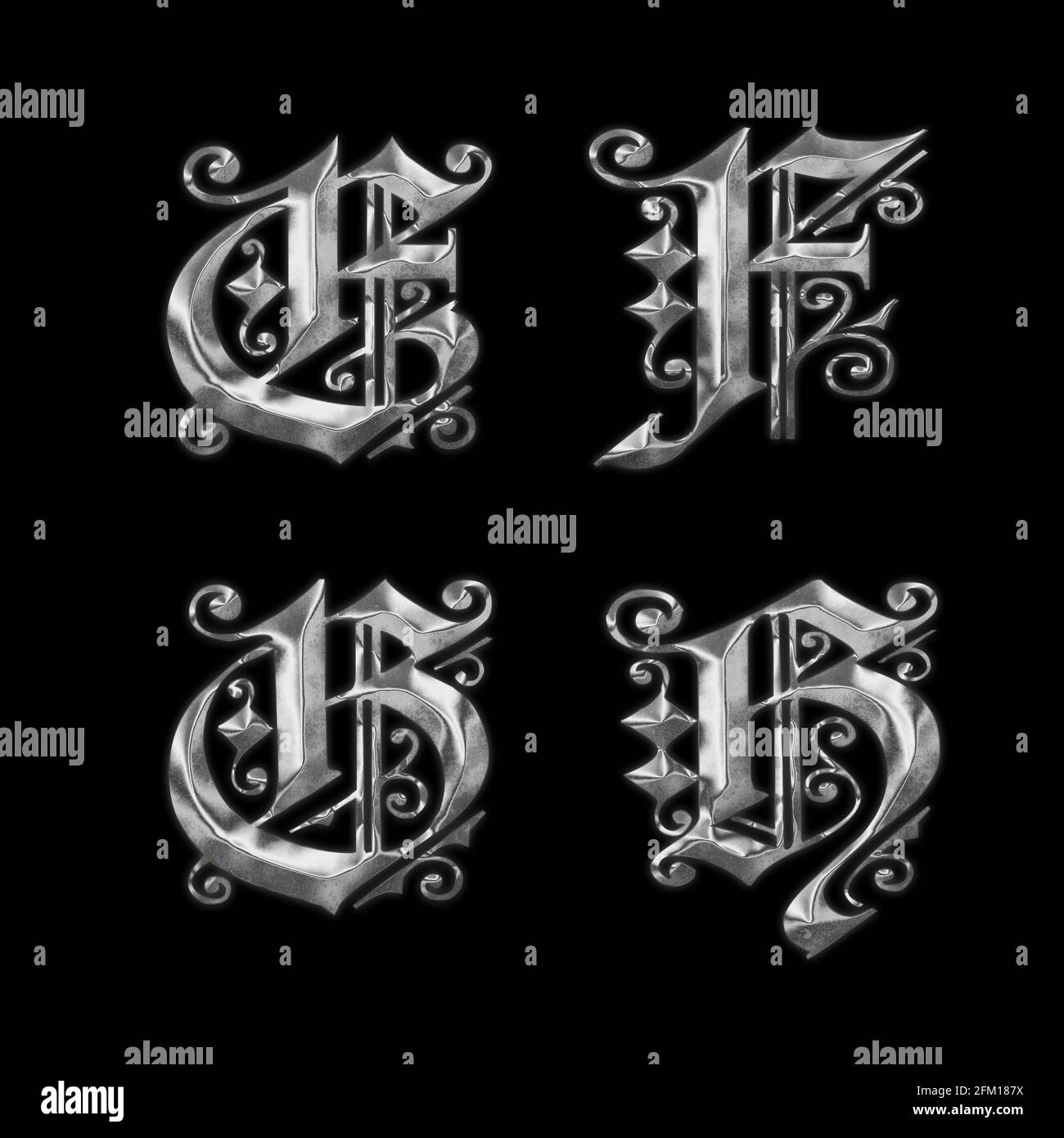 3D rendering of old Gothic metal capital letter alphabet - letters E-H Stock Photo
