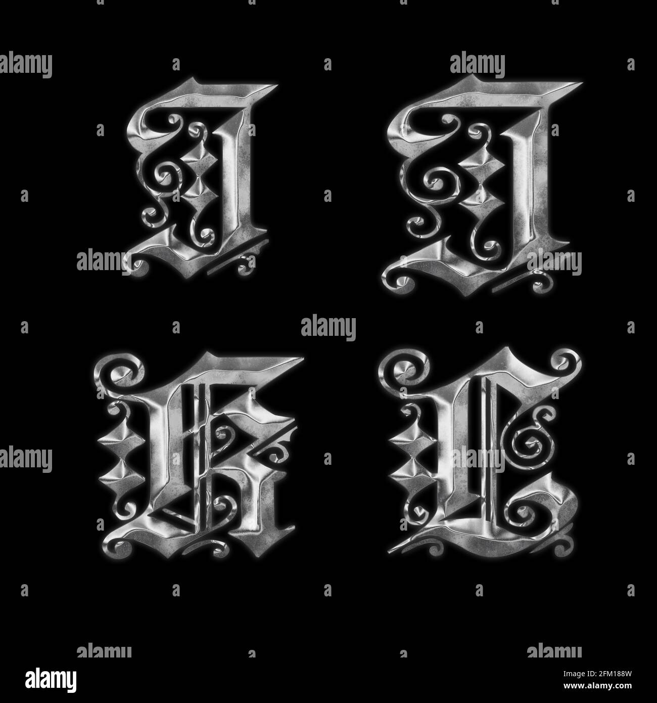 3D rendering of old Gothic metal capital letter alphabet - letters I-L Stock Photo