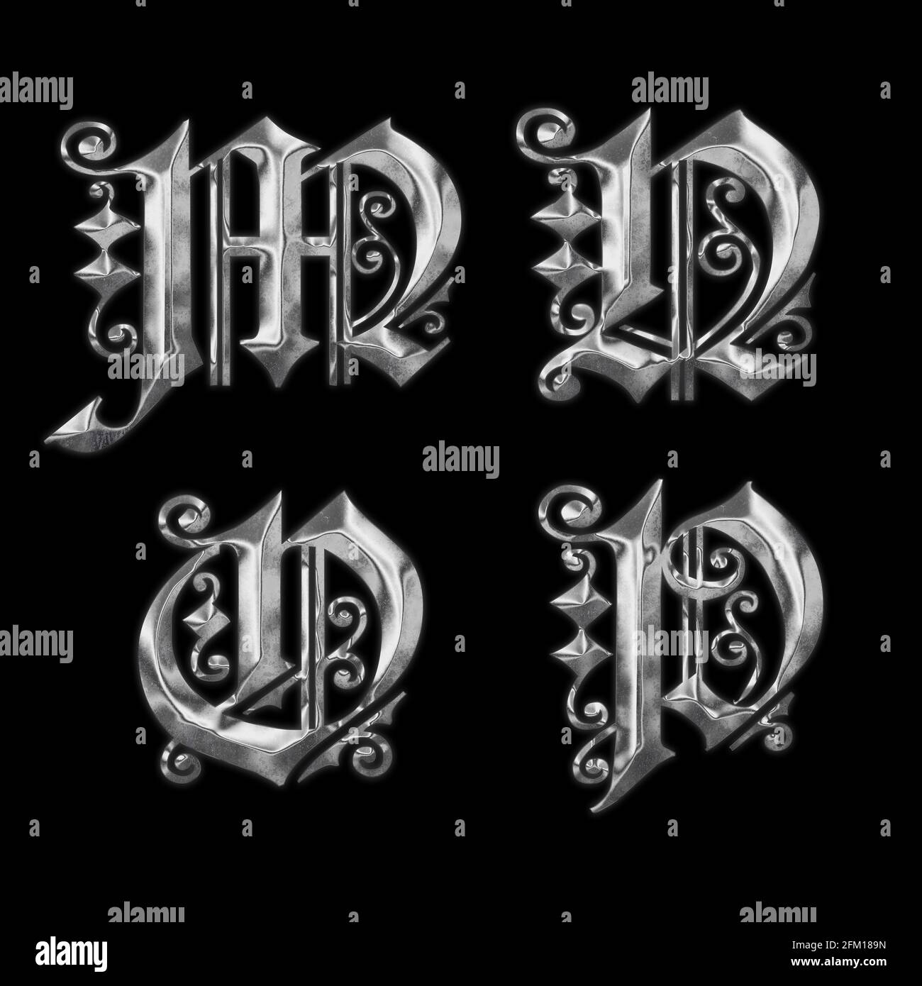 3D rendering of old Gothic metal capital letter alphabet - letters M-P Stock Photo