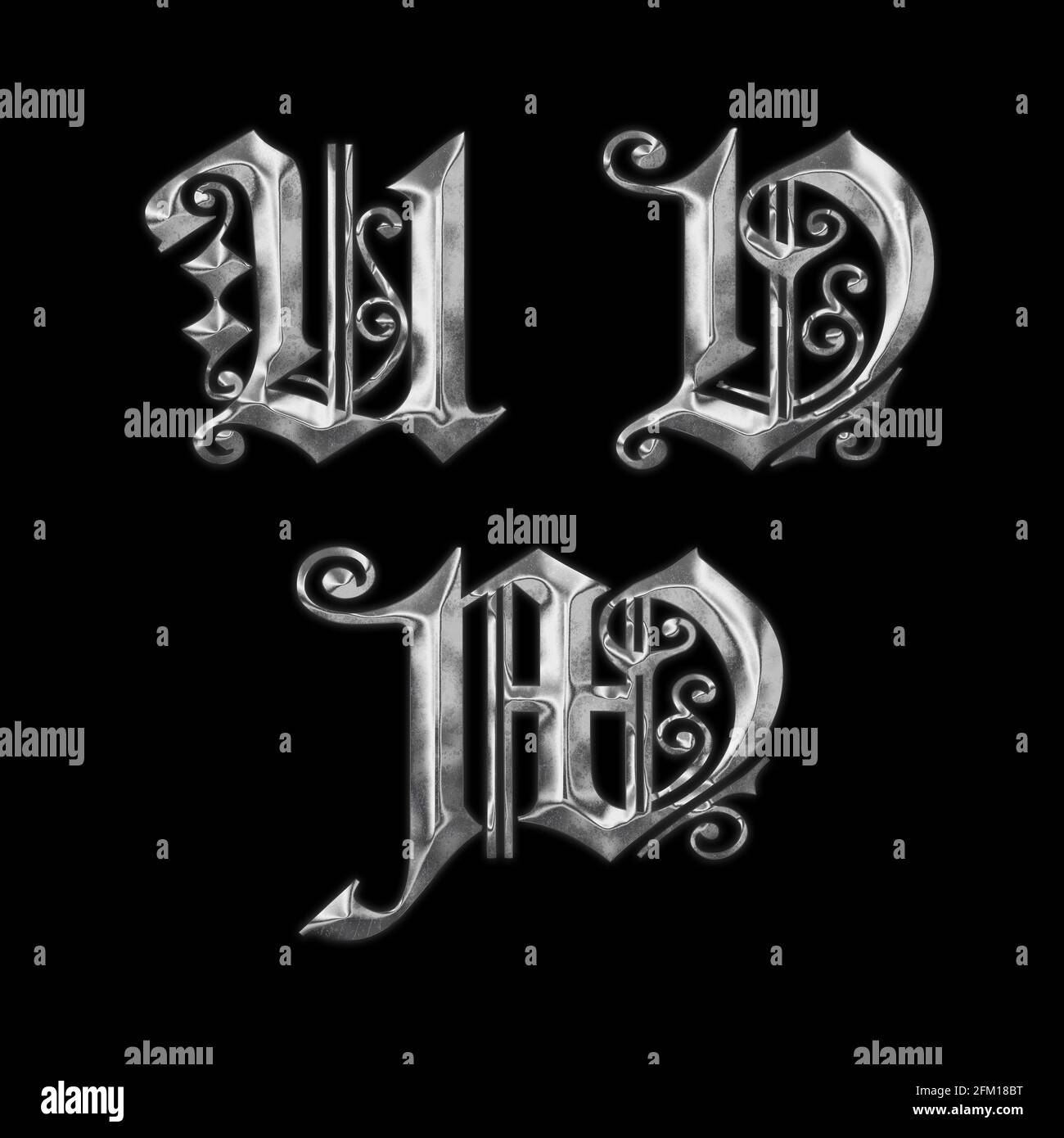 3D rendering of old Gothic metal capital letter alphabet - letters U-W Stock Photo