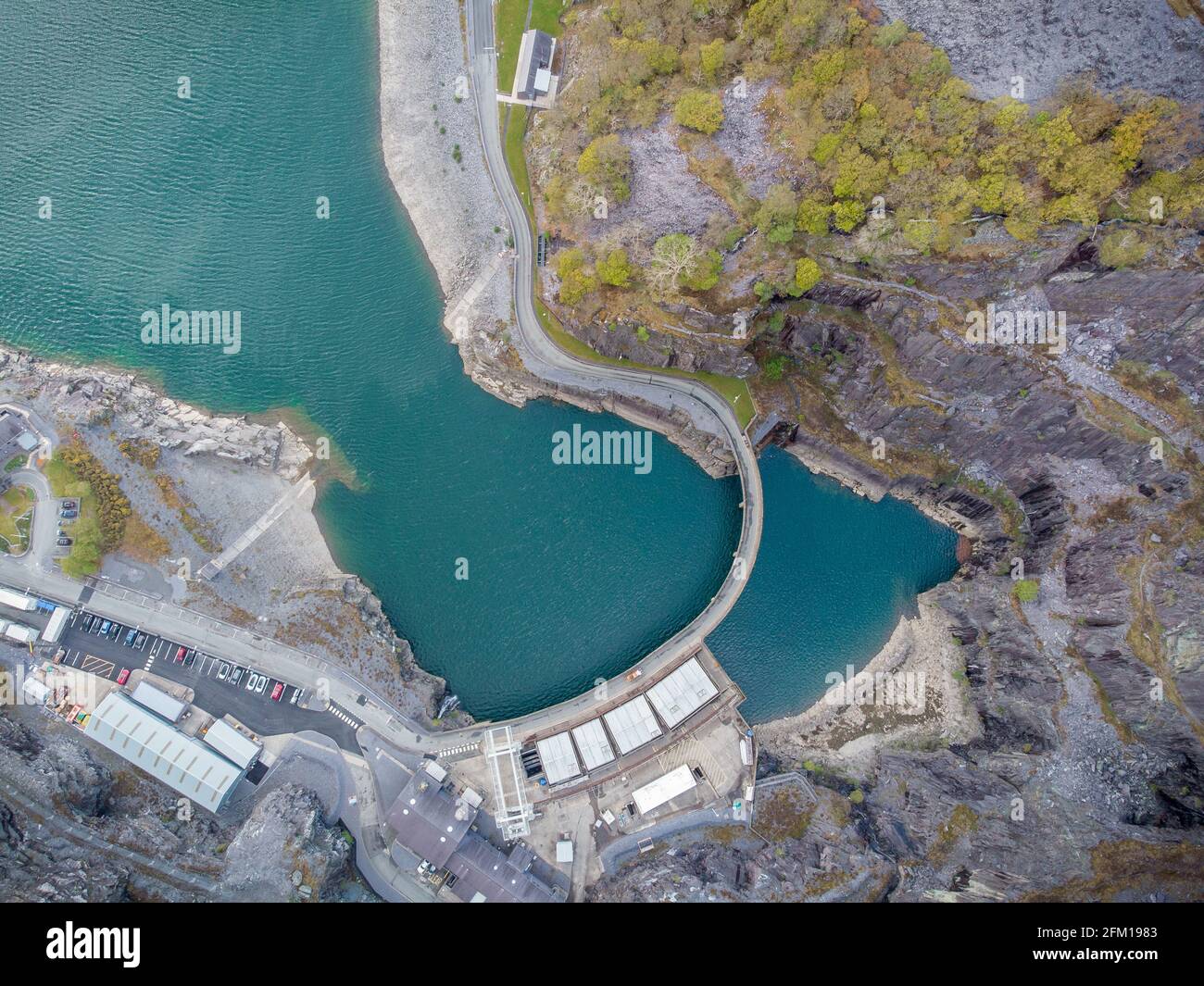 Dinorwig Power Station, Snowdonia National Park Aerial view engineers power station inside mountain Elidir Fawr hydro electric rapid response electric Stock Photo