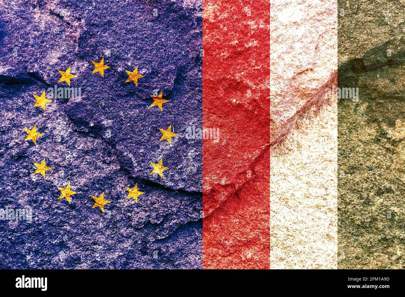 EU flag and Hungary flag on a rock wall background Stock Photo