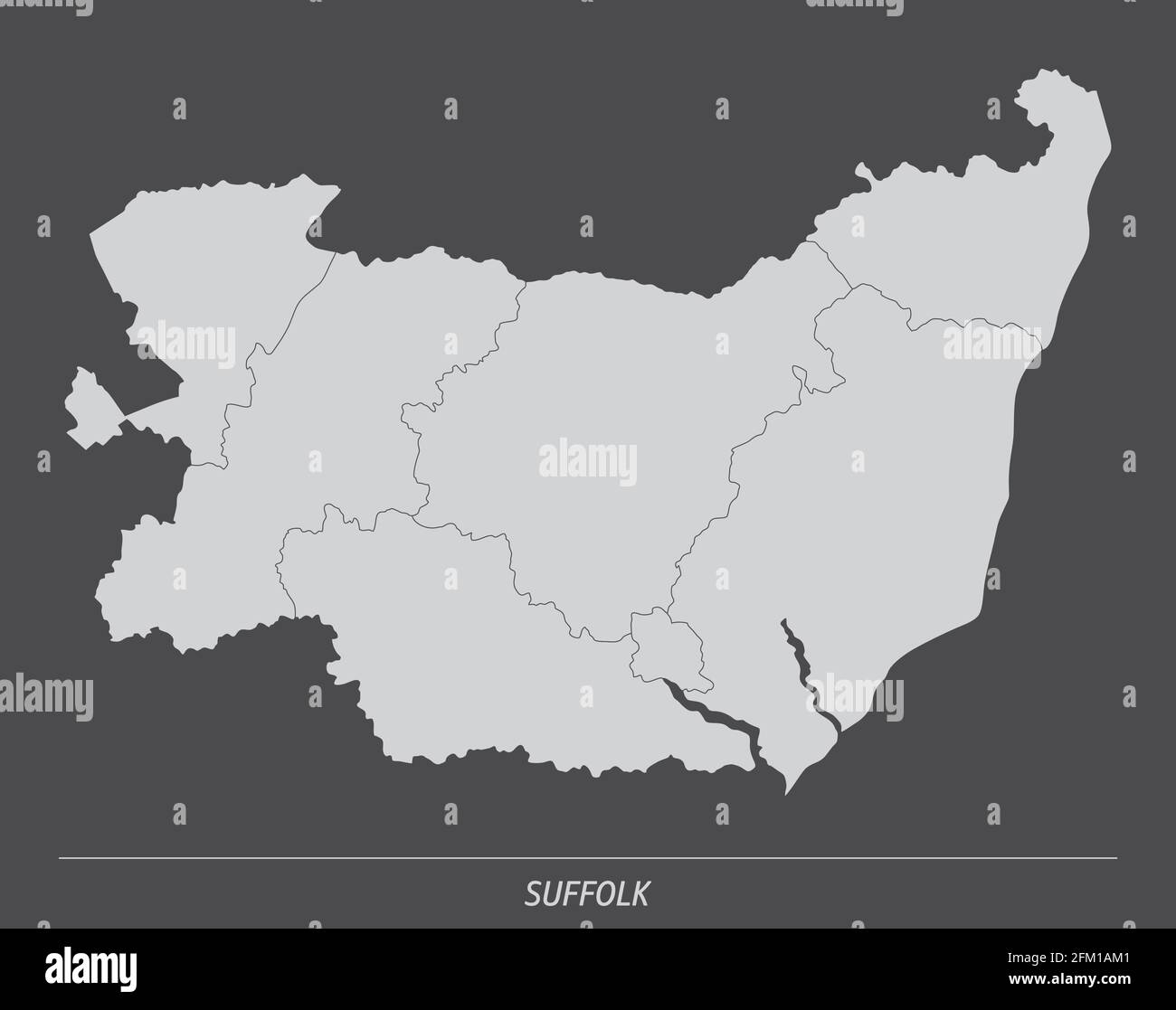 The Suffolk county, administrative map isolated on dark background