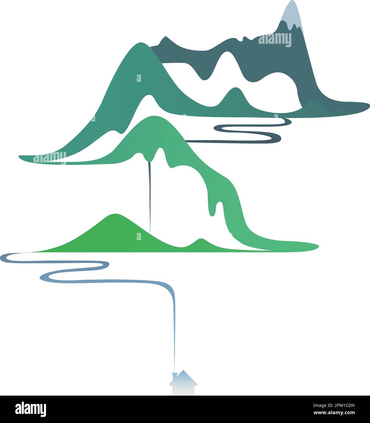 Vector flat landscape. Gradient mountain river and house. EPS 10 Stock Vector