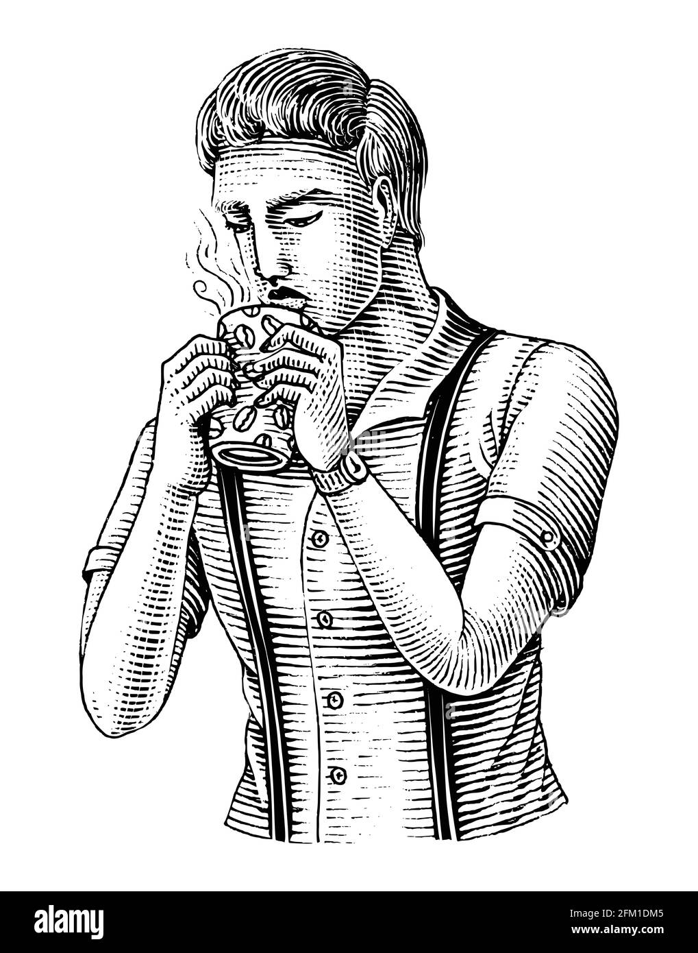 Man holding coffee cup and drinking coffee hand draw vintage engraving style black and white clip art isolated on white background Stock Vector