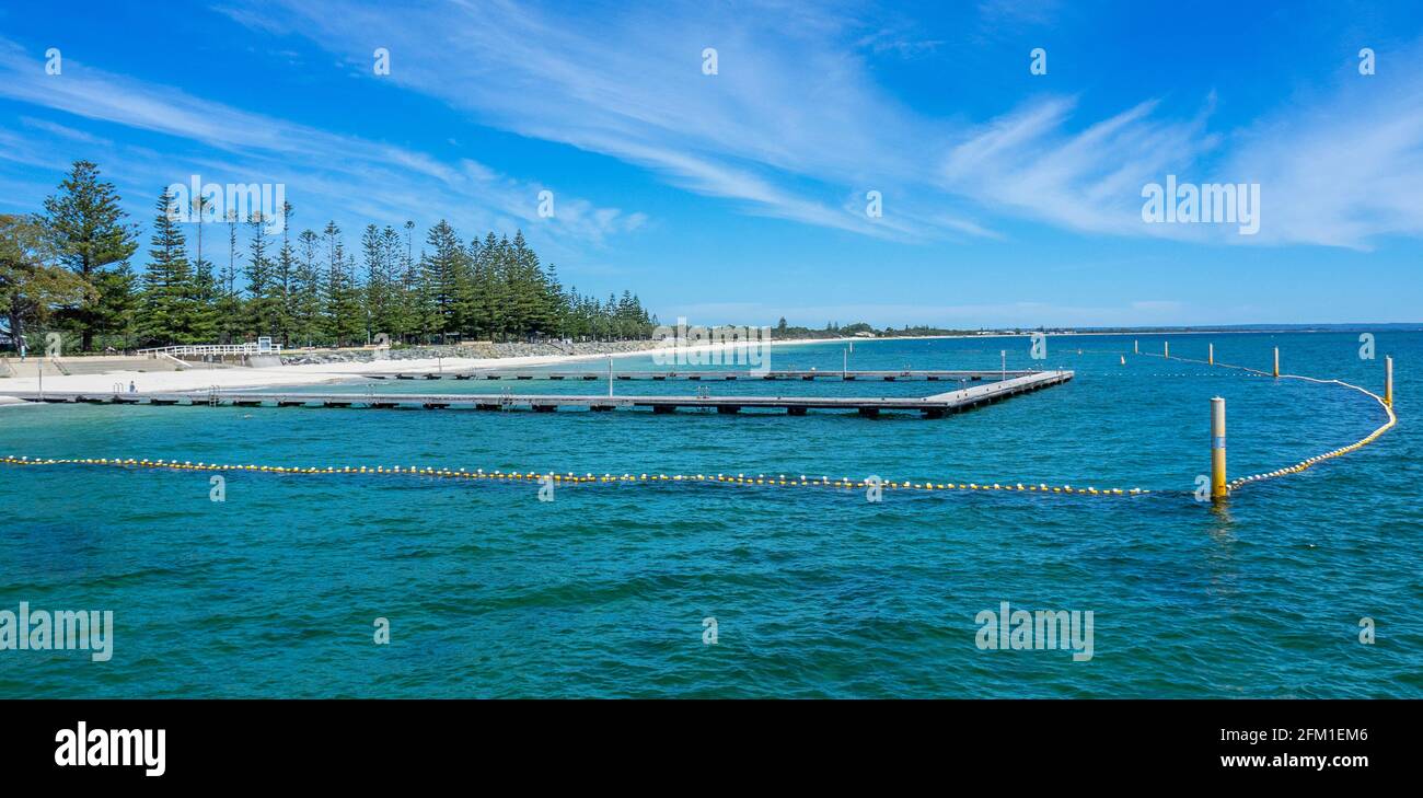 Shark net around a pontoon creating a safe area for swimming at the Busselton foreshore Western Australia Stock Photo