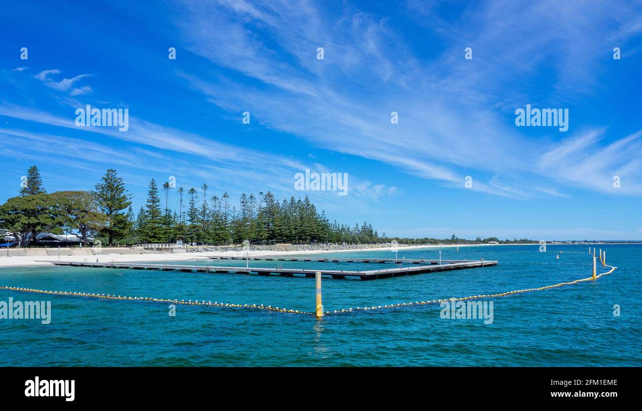 Shark net around a pontoon creating a safe area for swimming at the Busselton foreshore Western Australia Stock Photo