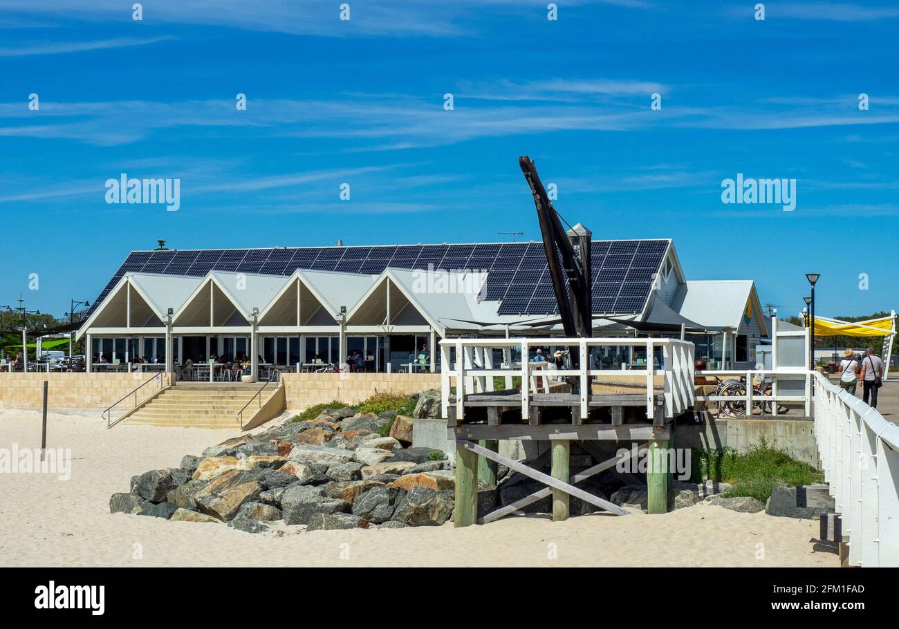 Solar panels on the roof of the Goose Restaurant near Busselton Jetty Western Australia. Stock Photo