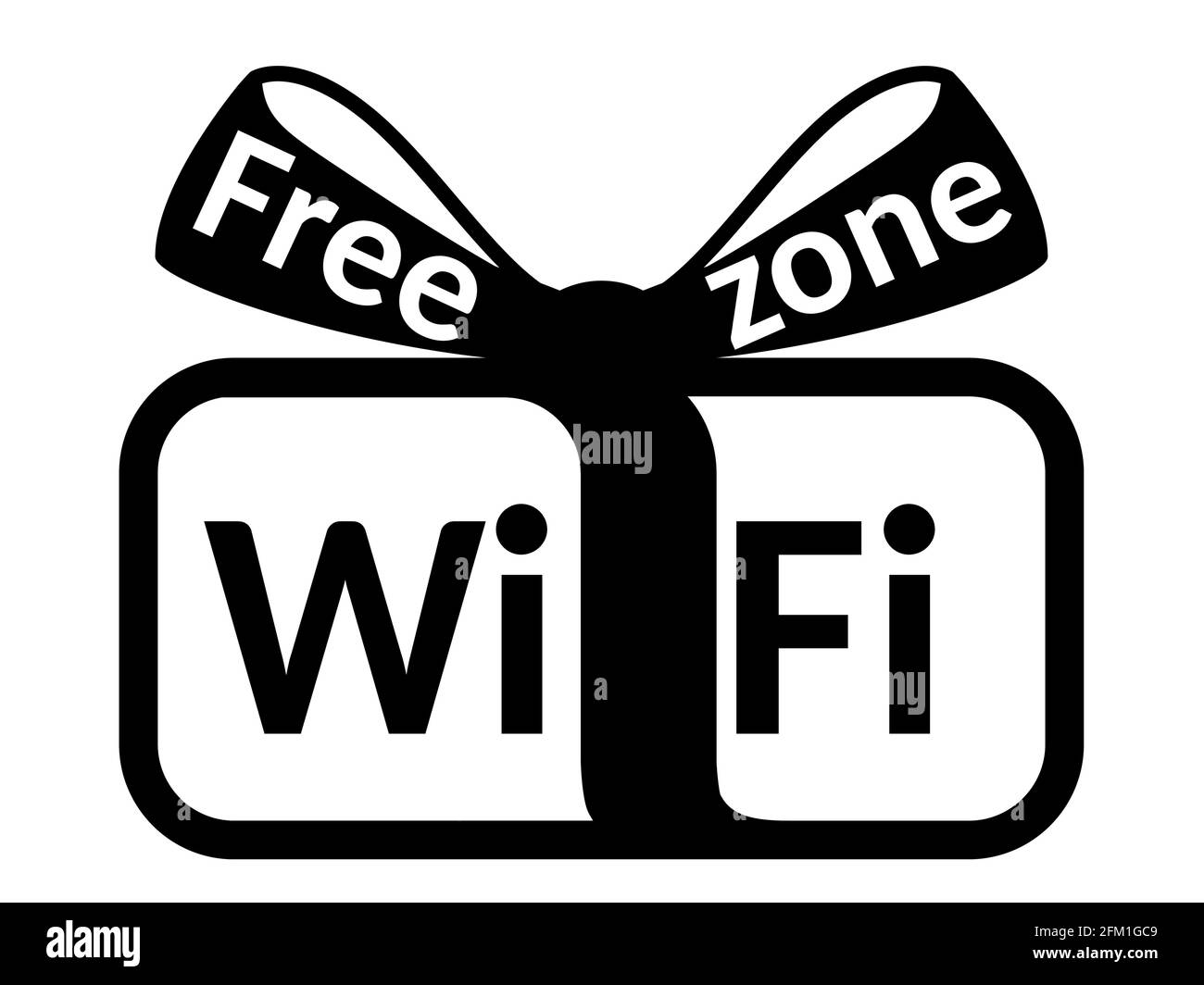 Free wi-fi zone gift box shape sign, icon concept. Black monochrome vector illustration. Stock Vector