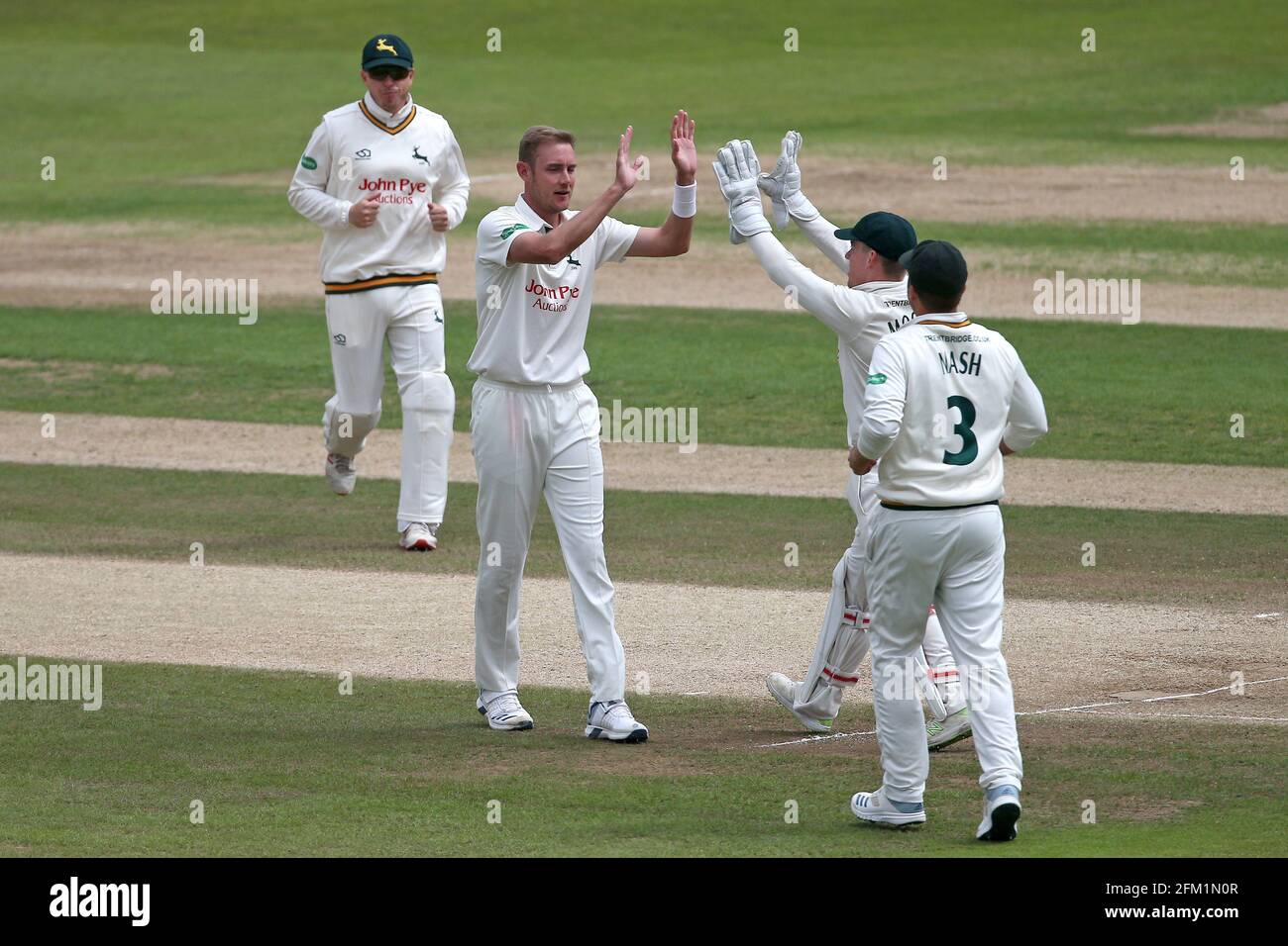 Stuart Broad of Nottinghamshire celebrates with his team mates after taking the wicket of Nick Browne during Nottinghamshire CCC vs Essex CCC, Specsav Stock Photo