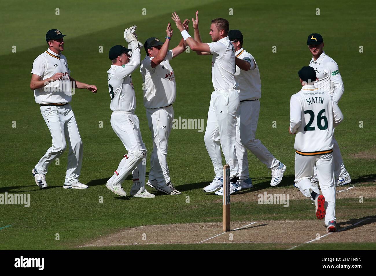 Stuart Broad of Nottinghamshire celebrates with his team mates after taking the wicket of Alastair Cook during Nottinghamshire CCC vs Essex CCC, Specs Stock Photo