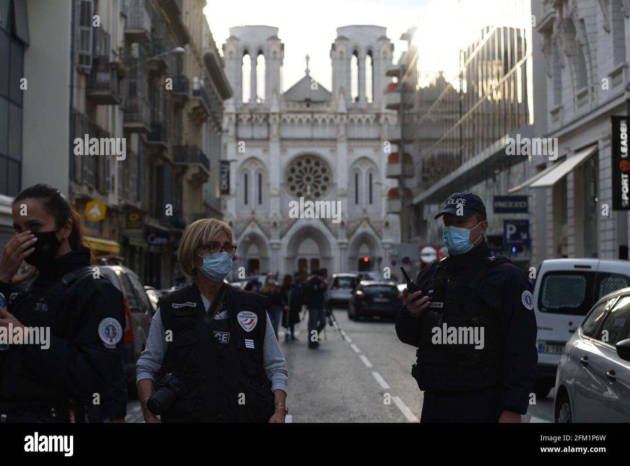 *** STRICTLY NO SALES TO FRENCH MEDIA OR PUBLISHERS - RIGHTS RESERVED ***October 29, 2020 - Nice, France: French police guard the street leading to Notre-Dame basilica, where an assailant killed three people in a knife attack. Stock Photo