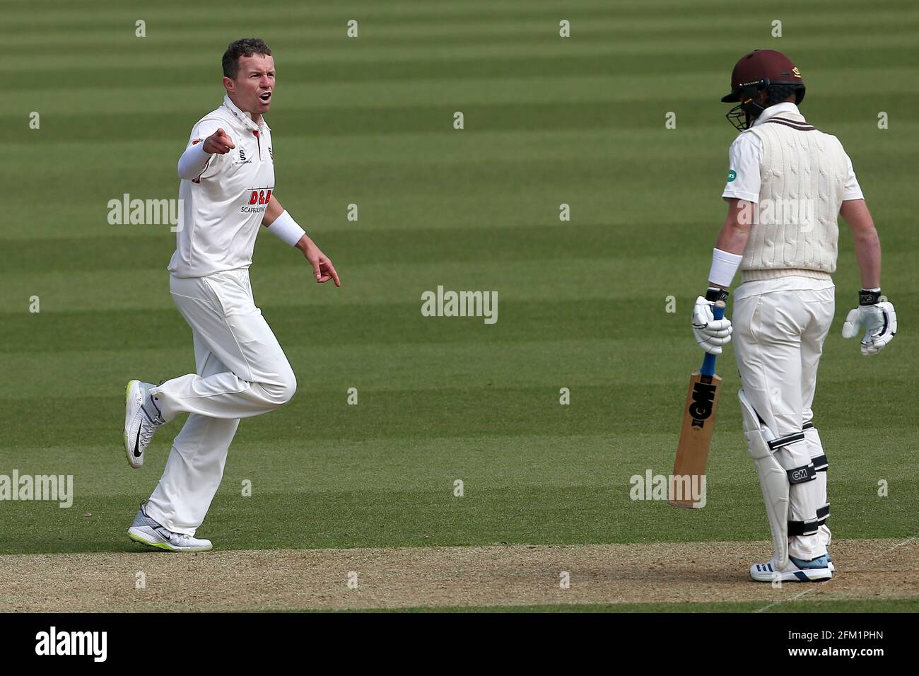 Peter Siddle of Essex celebrates taking the wicket of Ollie Pope during