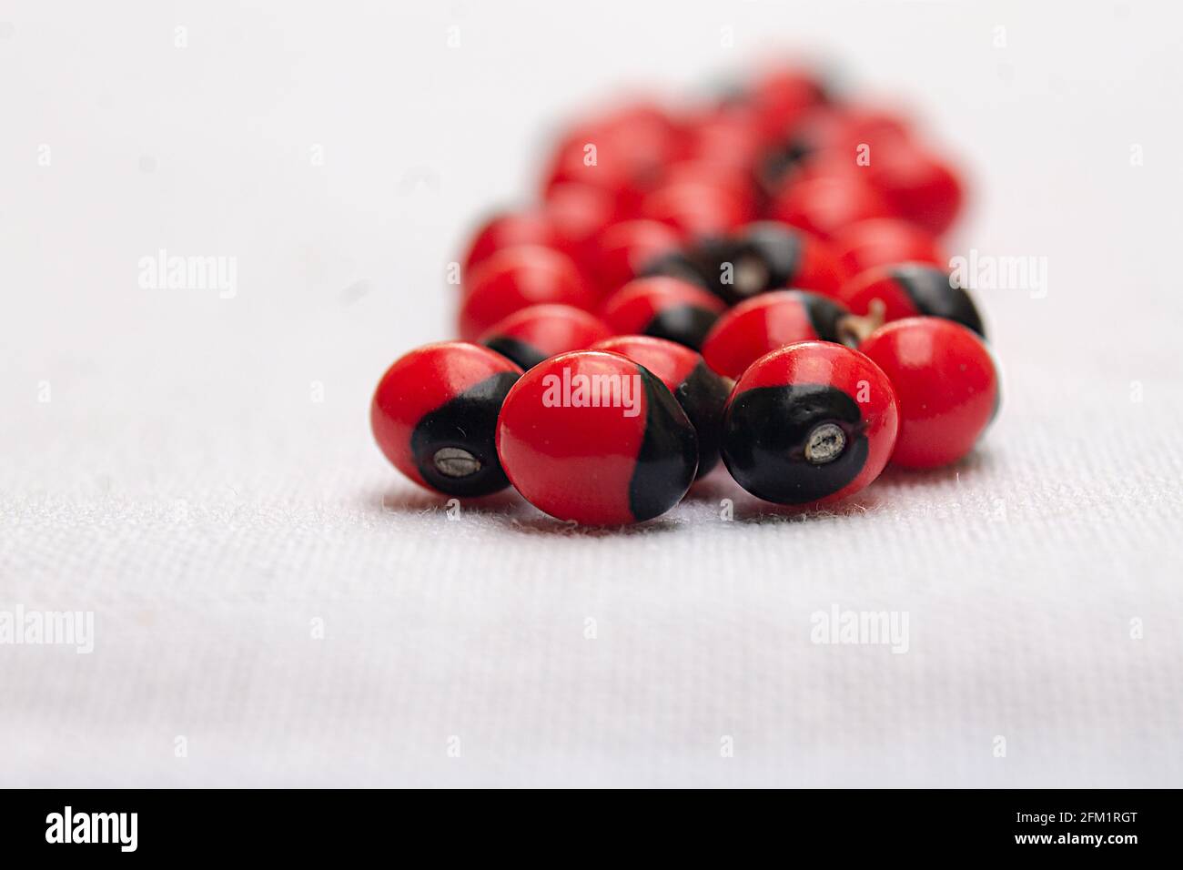 Selective focus shot of a group of vibrant red and black abrus precatorius peas on a white table Stock Photo