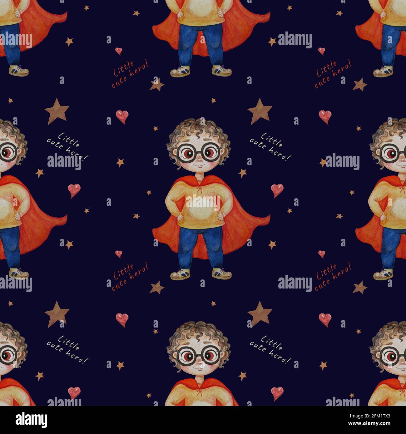 Seamless background with little superhero. A super-boy with glasses and