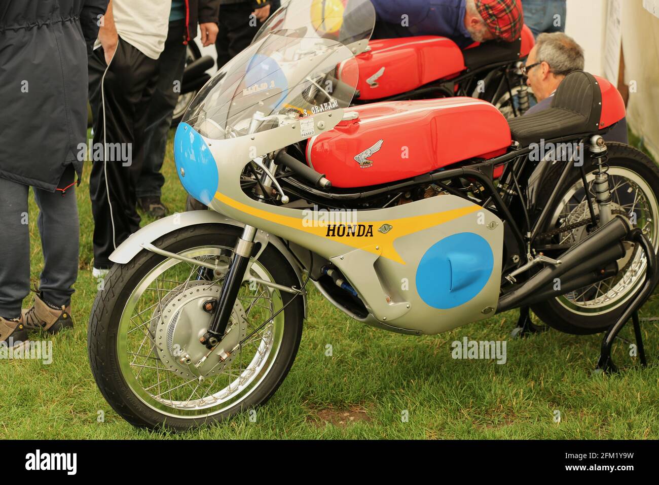 Classic 1960s Honda Grand Prix Racing Motorcycles in the static display are at the Cadwell Park International Classic in July 2015 Stock Photo