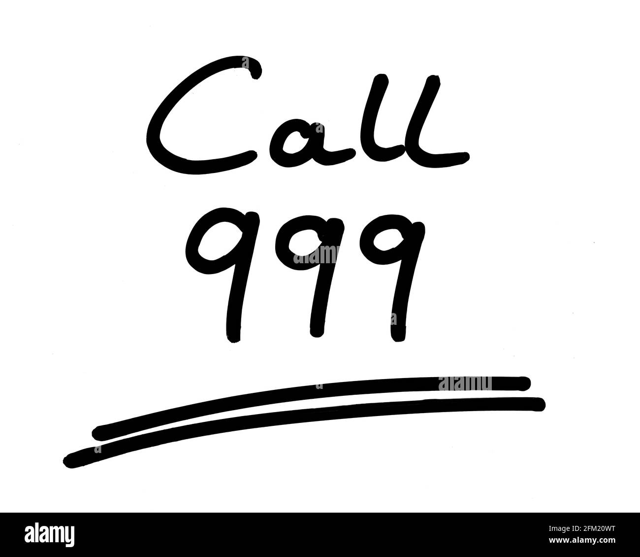 Call 999 handwritten on a white background. Stock Photo