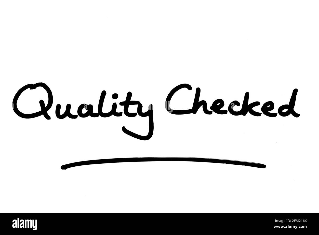 Quality Checked, handwritten on a white background. Stock Photo