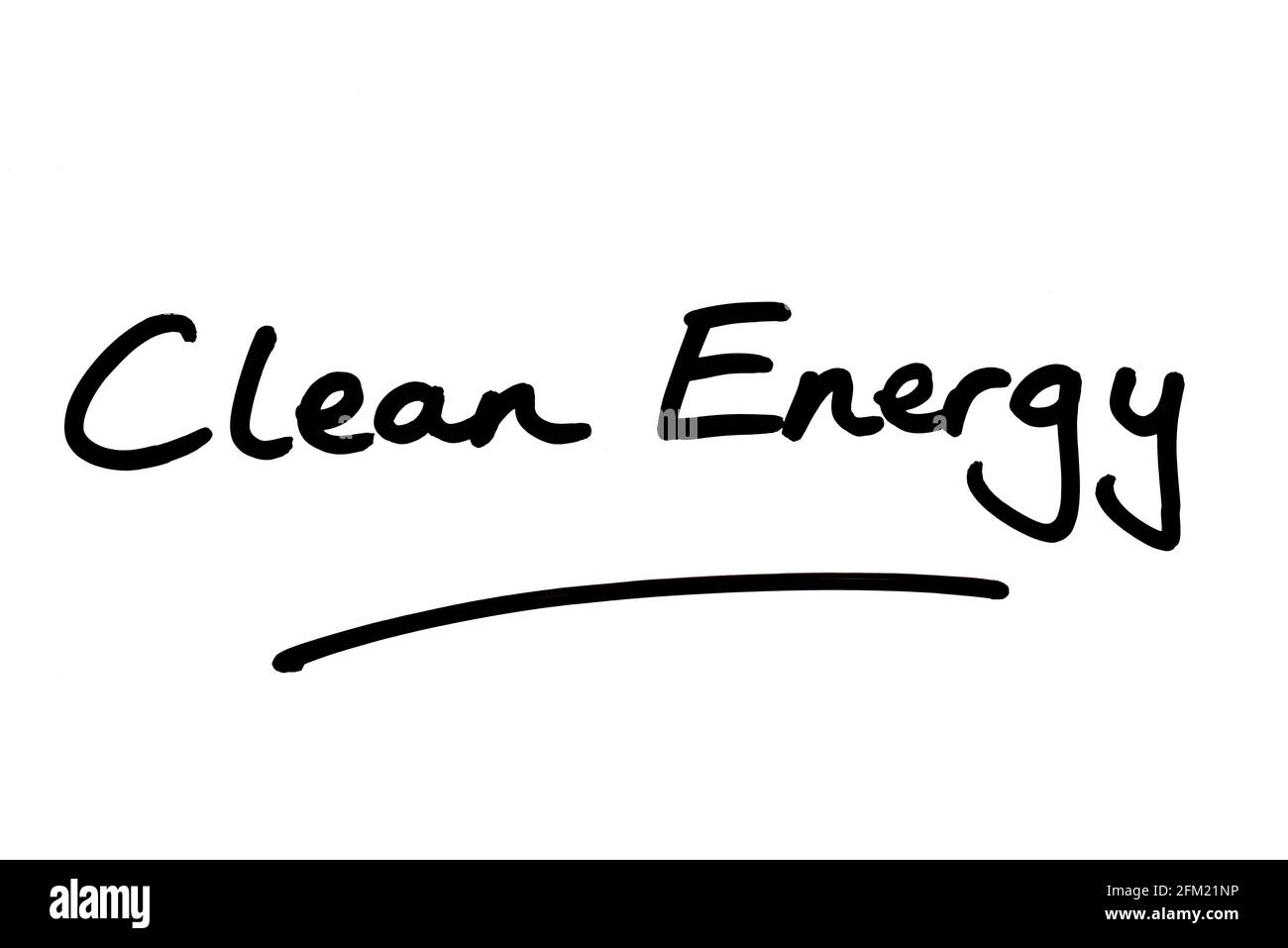 Clean Energy, handwritten on a white background. Stock Photo