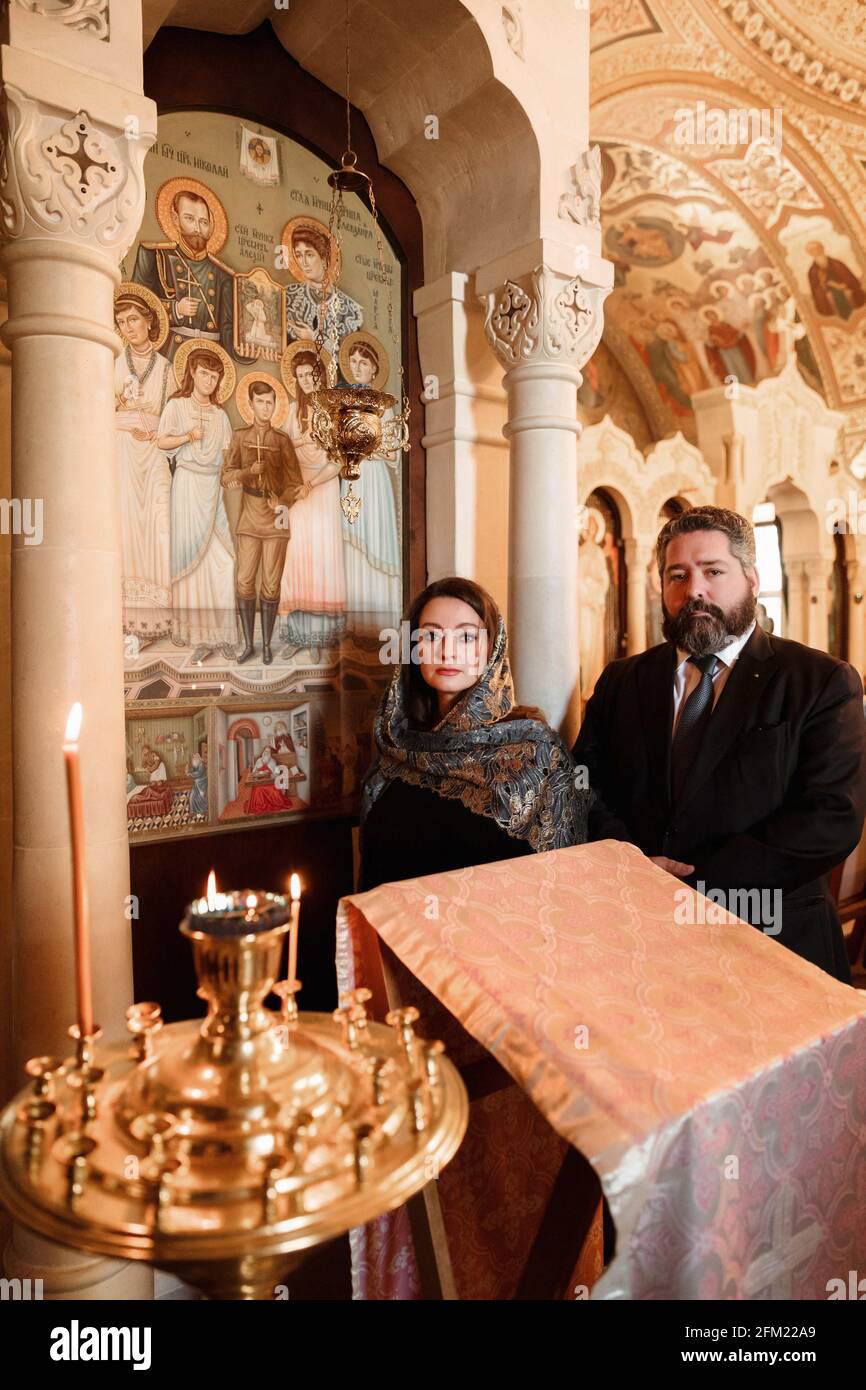 Grand Duke George Mikhailovich of Russia and his fiancee Miss Victoria Romanovna attend the traditional Easter Mass at Vvedensky Temple, on May 2, 2021 in Moscow, Russia. Photo via DNphotography/ABACAPRESS.COMFirst Orthodox Easter for Miss Victoria Romanovna (Rebecca Virginia Bettarini) since her conversion to the Orthodox Church in 2020 Stock Photo