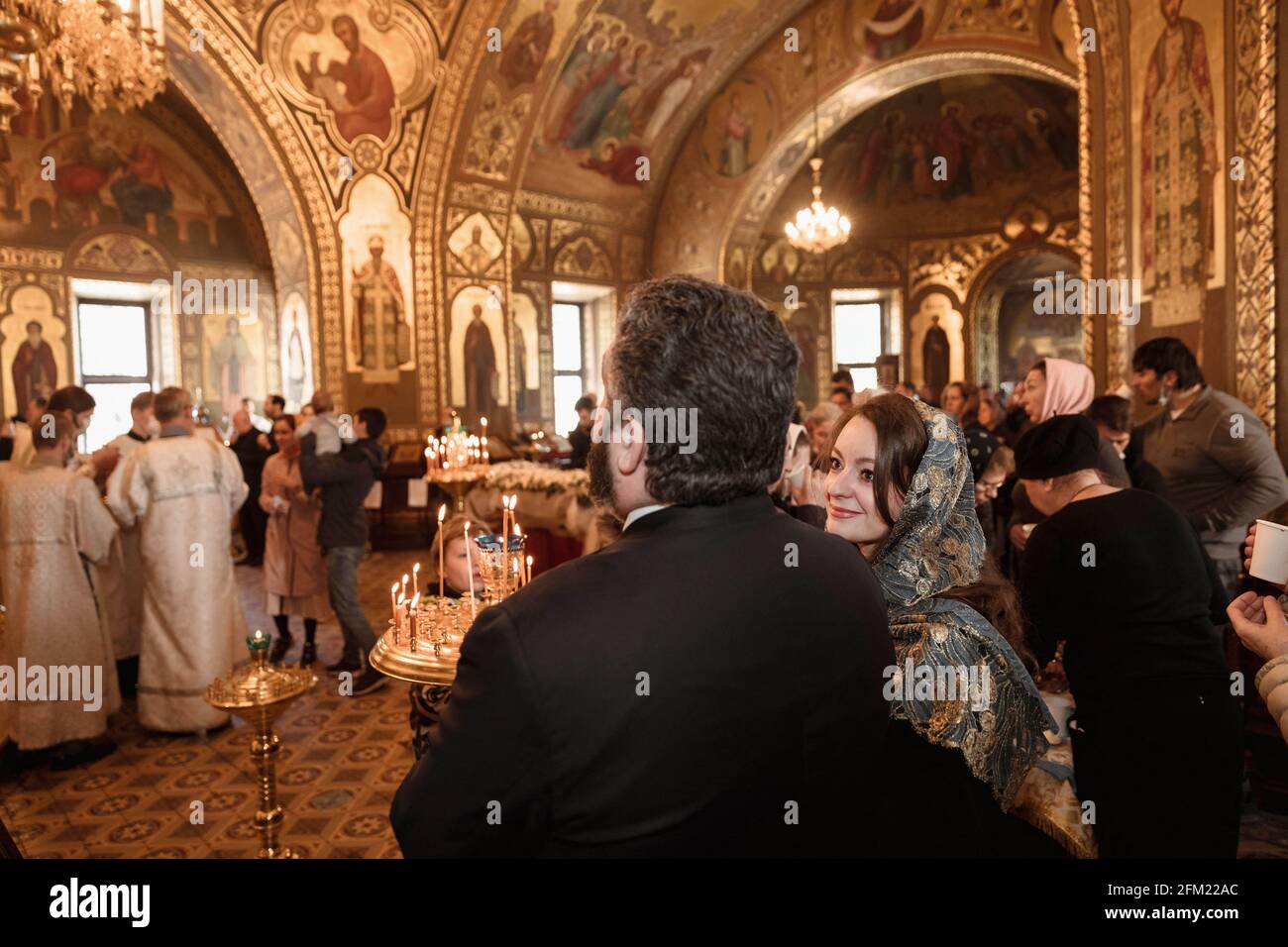 Grand Duke George Mikhailovich of Russia and his fiancee Miss Victoria Romanovna attend the traditional Easter Mass at Vvedensky Temple, on May 2, 2021 in Moscow, Russia. Photo via DNphotography/ABACAPRESS.COMFirst Orthodox Easter for Miss Victoria Romanovna (Rebecca Virginia Bettarini) since her conversion to the Orthodox Church in 2020 Stock Photo