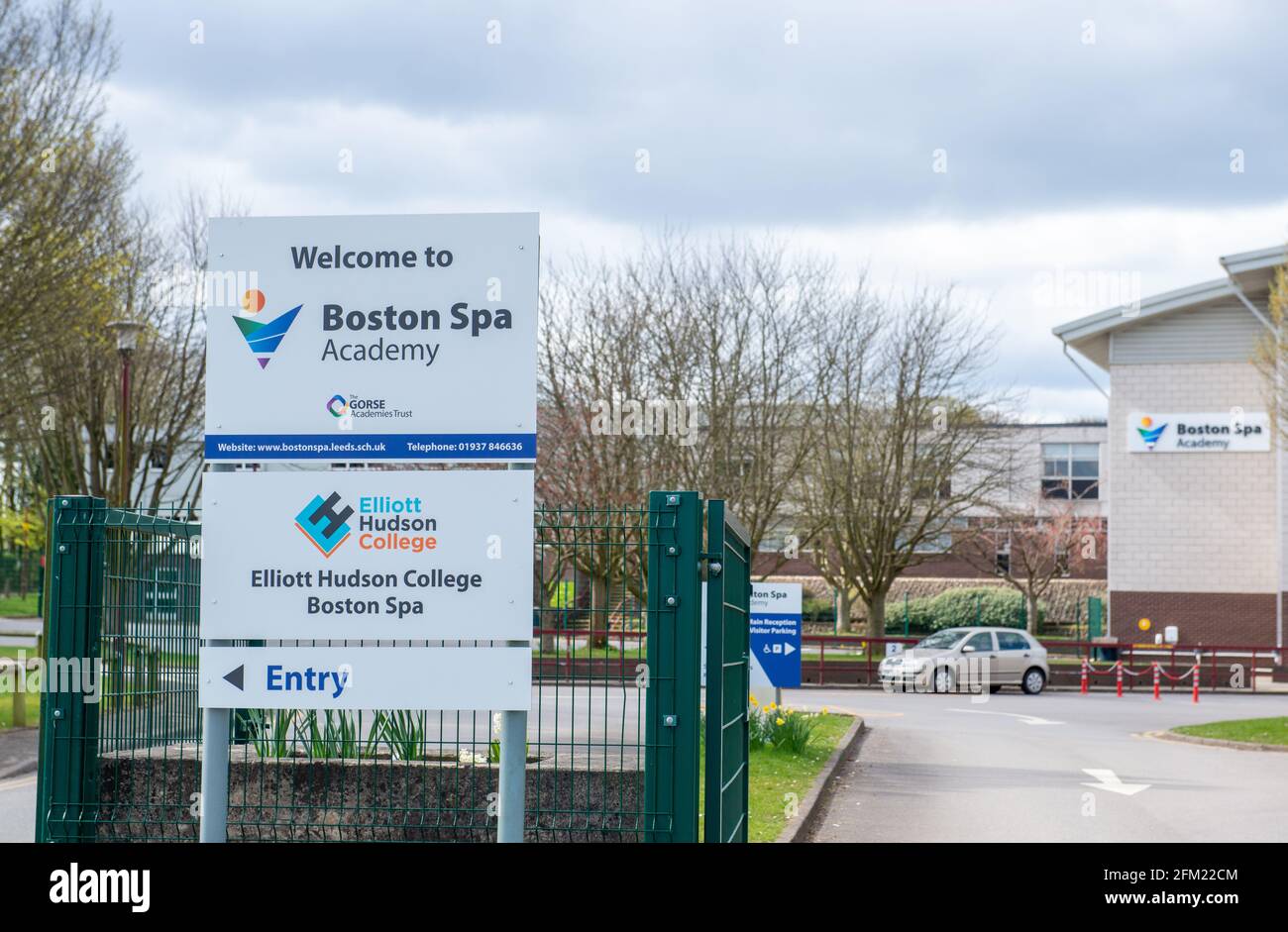 View of the signs and gateway at the entrance to Boston Spa Academy, a high school and part of the GORSE Academies Trust in Yorkshire Stock Photo