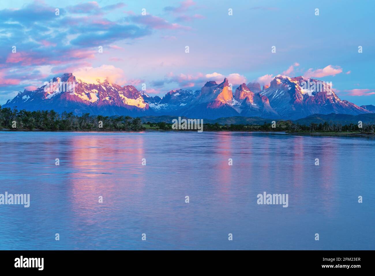 Serrano river sunrise with Cuernos and Torres del Paine peaks, Torres del Paine national park, Patagonia, Chile. Stock Photo