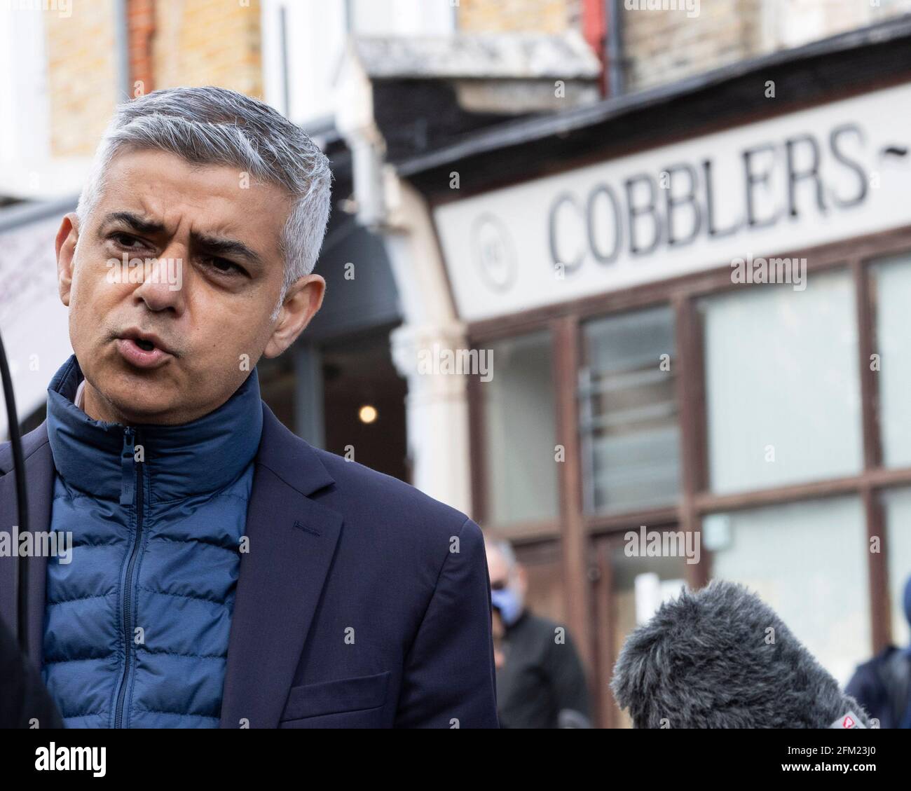 The Labour Mayor of London Sadiq Khan meets locals in Waltham Forest on the 5th of May 2021, on the final day of Campaigning for the local Election Stock Photo
